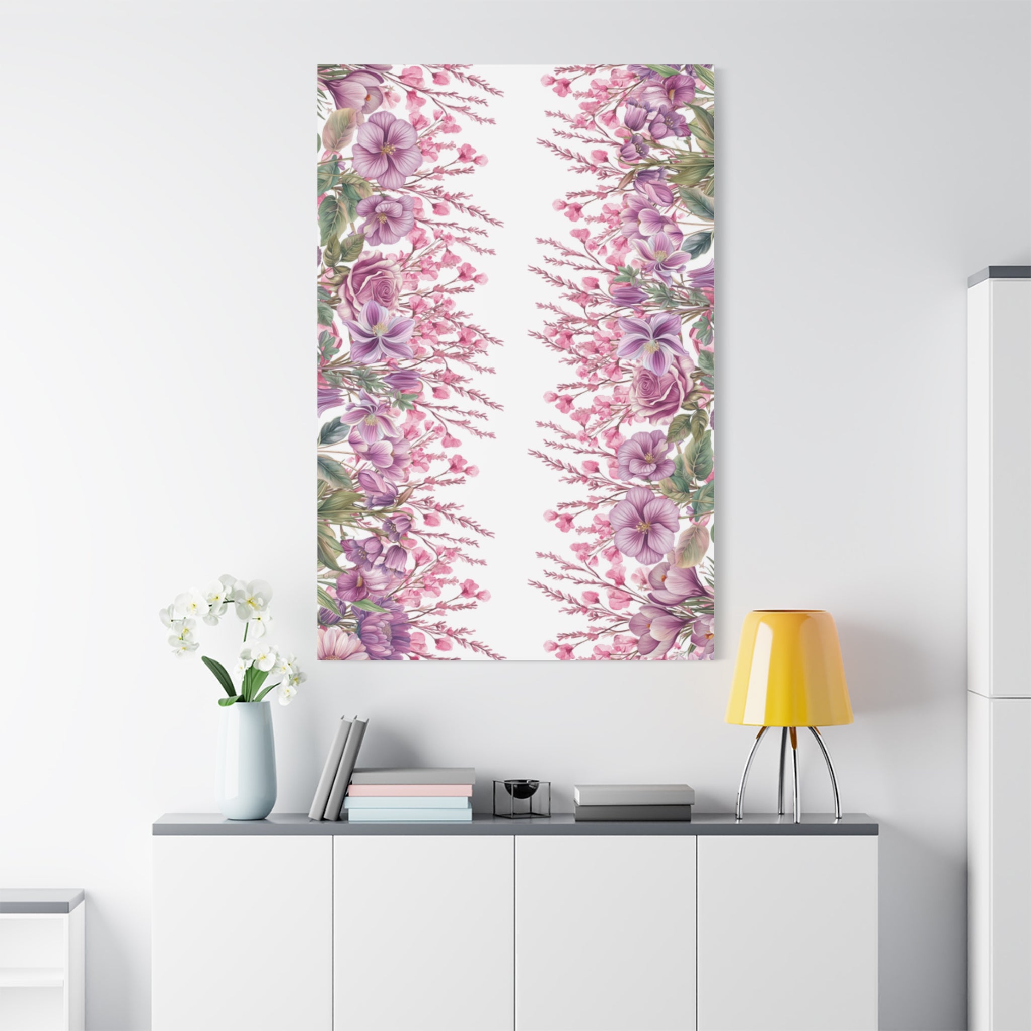 Floral Matte Canvas Wall Art, Pink Purple Botanical Print, Modern Symmetrical Flower Design, Stretched 1.25" Canvas Home Decor