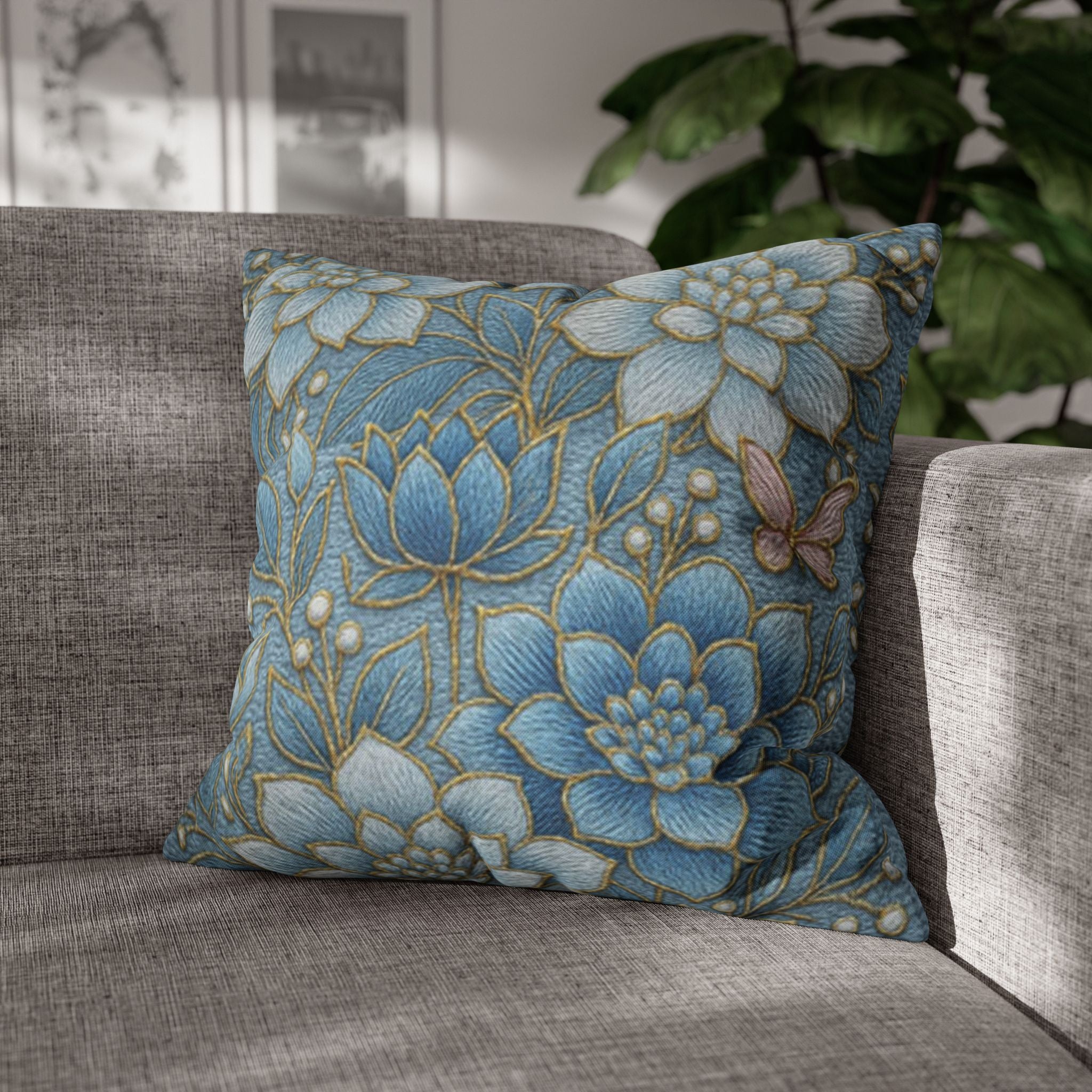 BLUESKYDEZIGN | Blue Floral Succulent Pillowcase | Cottagecore Decorative Cushion Cover