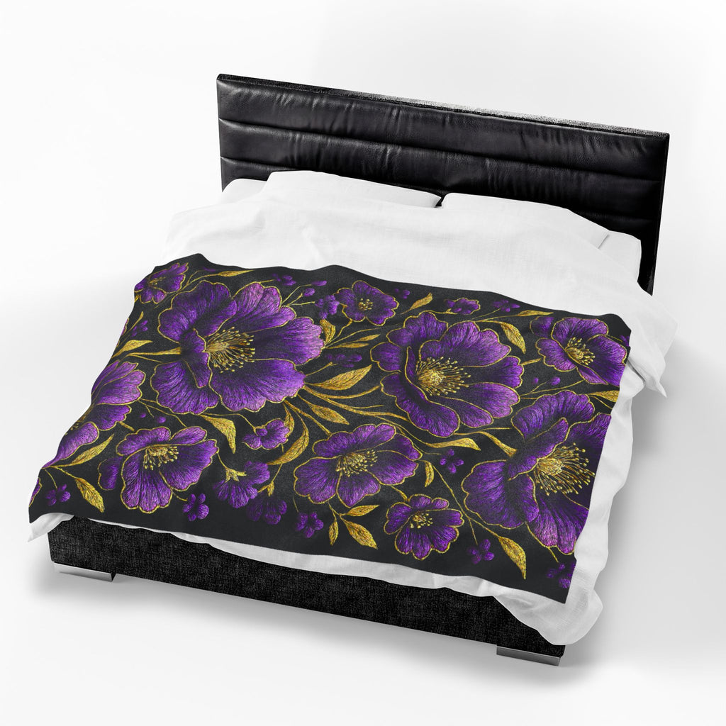 Petrykivka Bloom Blanket | Purple Poppy Floral Plush Throw | Moody Gold Embroidered Look Velveteen Cozy Blanket