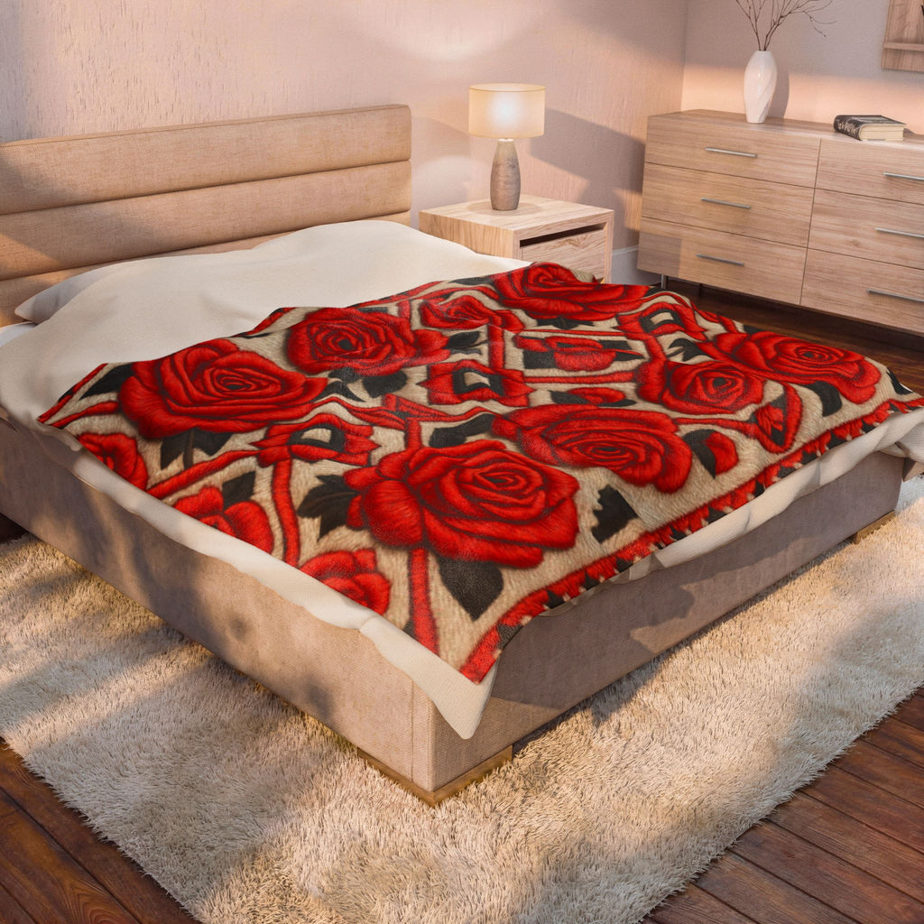 Red Roses Velveteen Plush Blanket | Vintage Floral Throw | Soft Cozy Romantic Bedding Decor