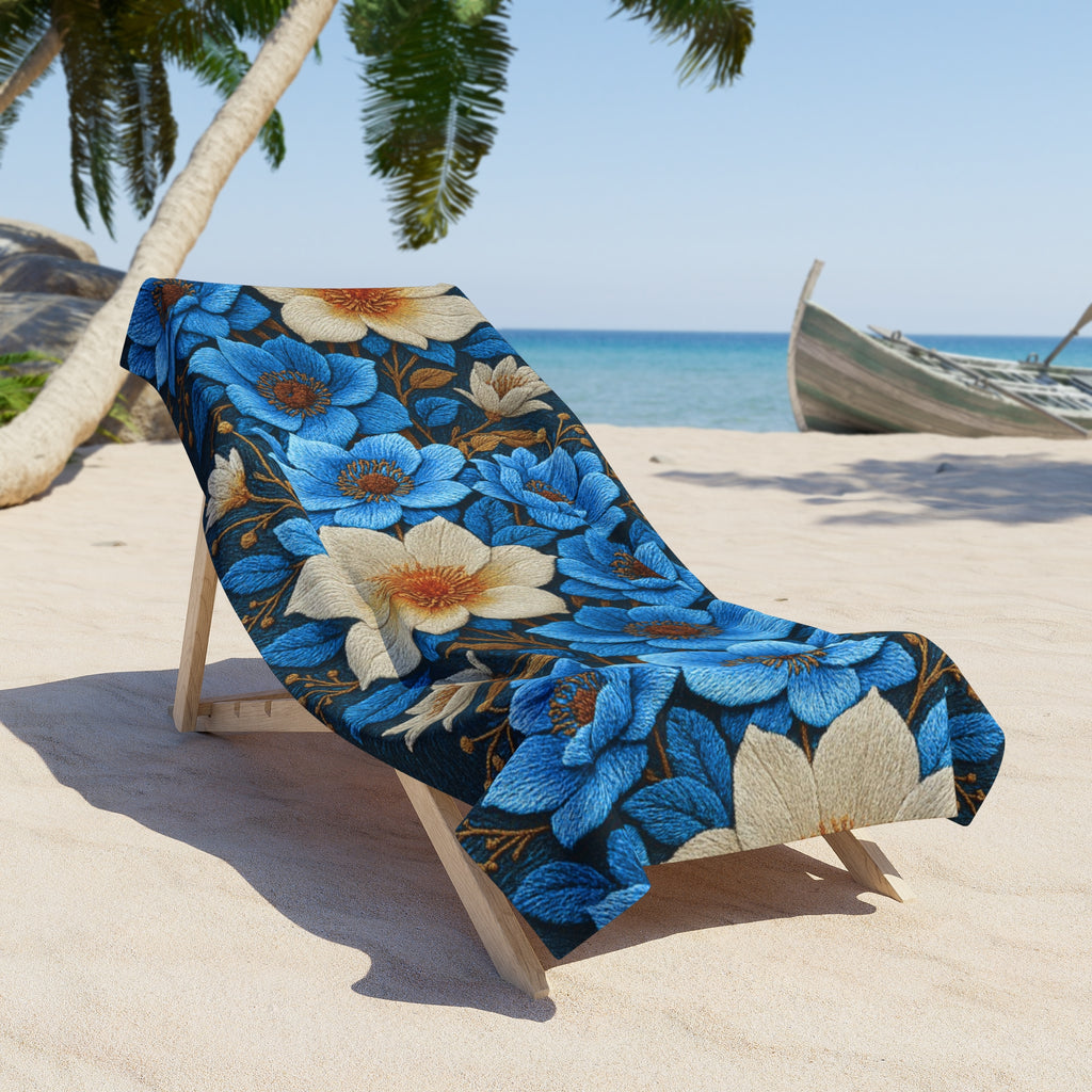 Midnight Symphony Floral Beach Towel – Navy Blue & Cream Botanical Pool Towel