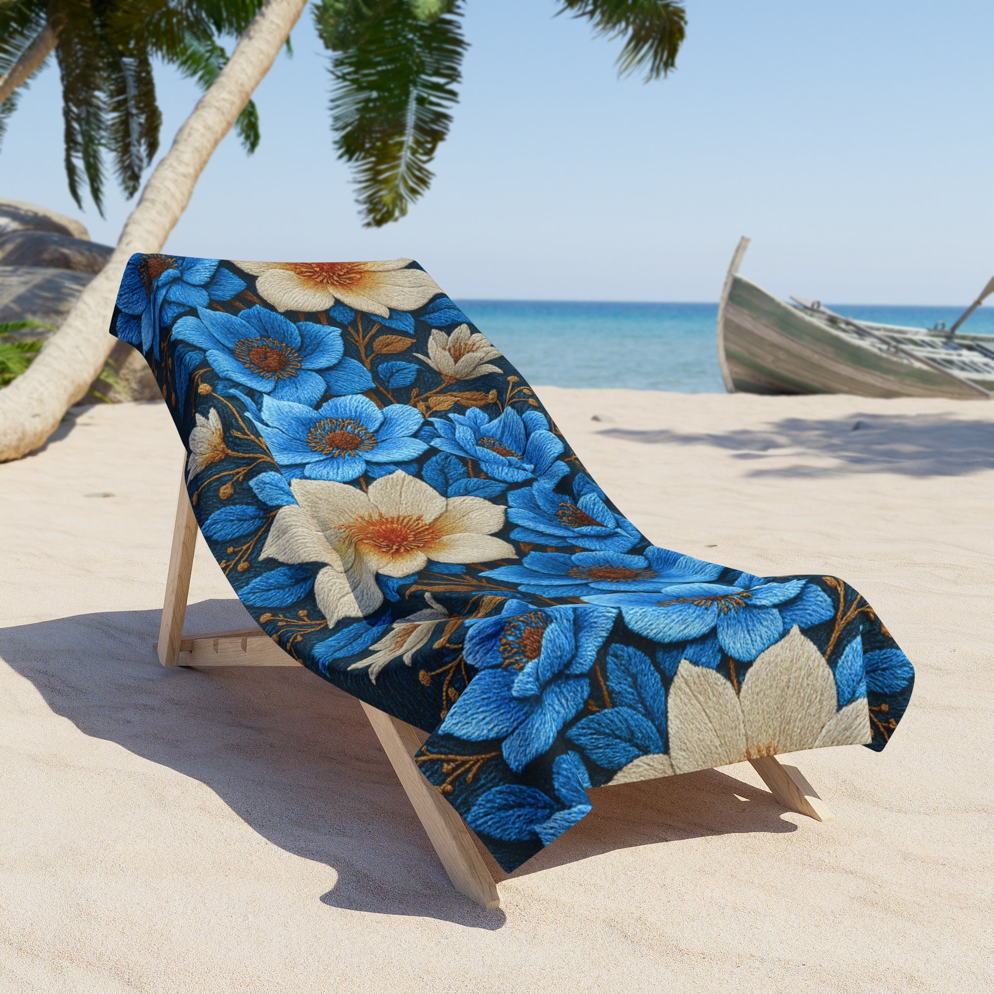 Midnight Symphony Floral Beach Towel – Navy Blue & Cream Botanical Pool Towel
