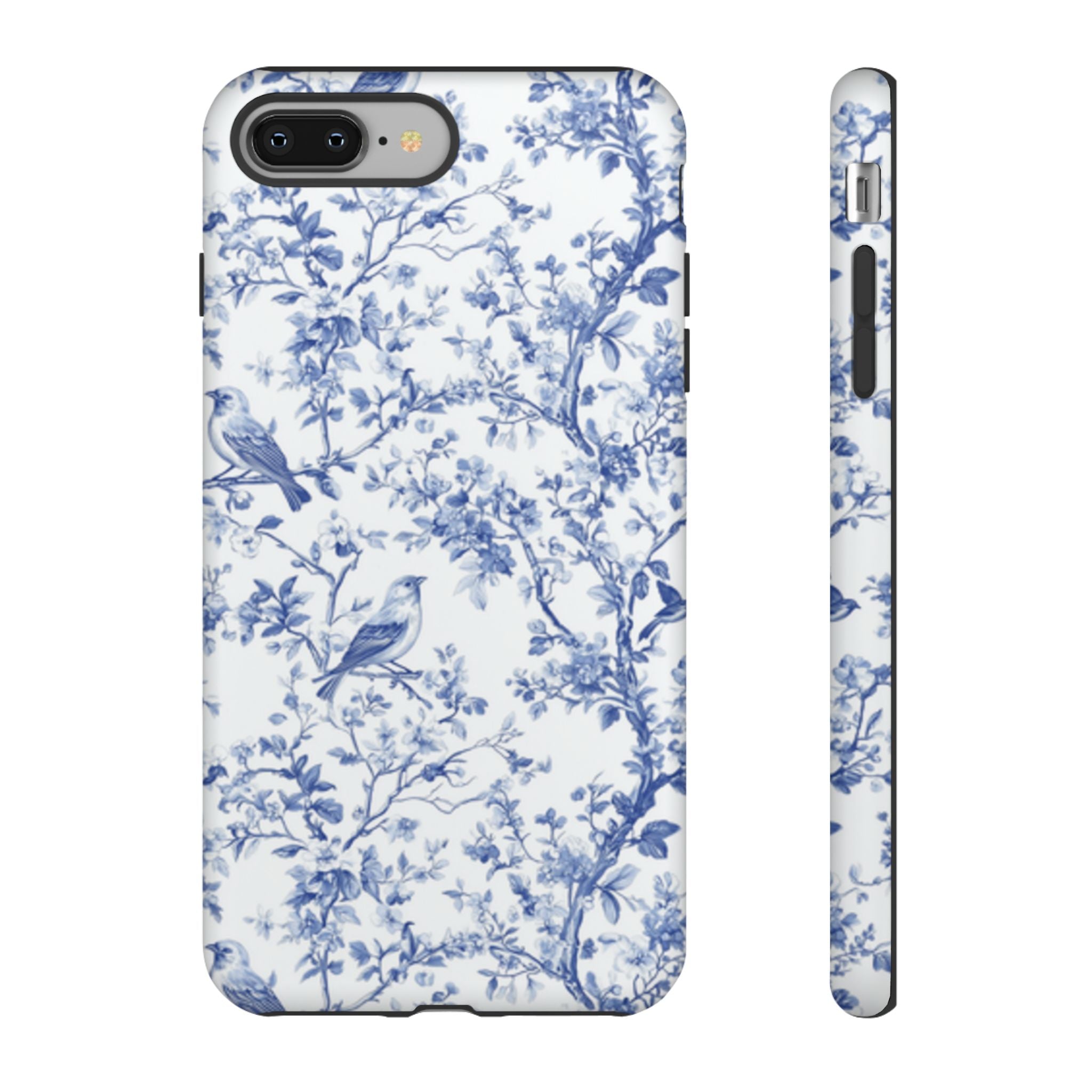 Blue Floral Vine Phone Case, Toile-inspired romantic floral Marbleized Branch Pattern