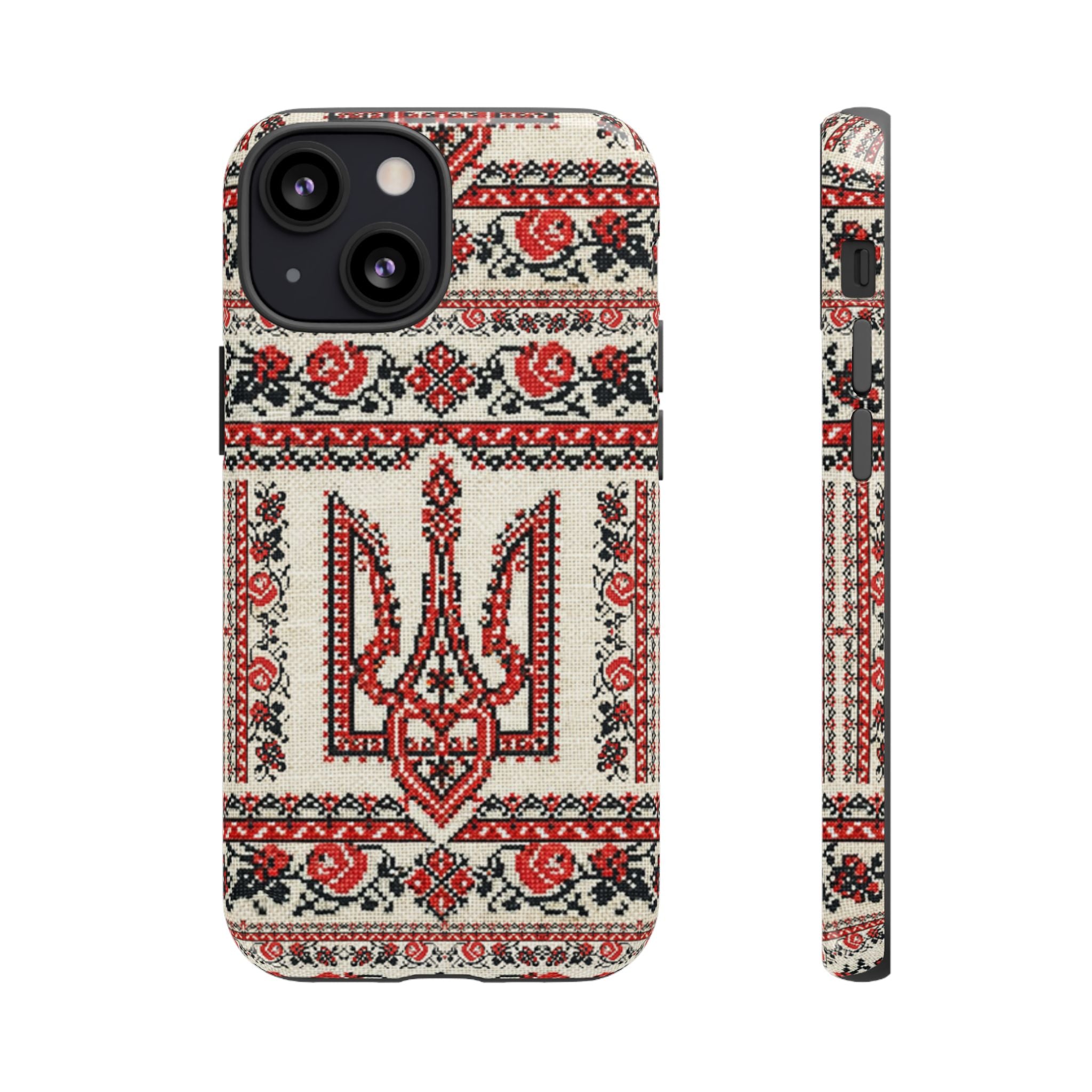 Ukrainian Trident Embroidery Phone Case • Red Black Trident Pattern • Protective Folk Art Cover for iPhone & Samsung
