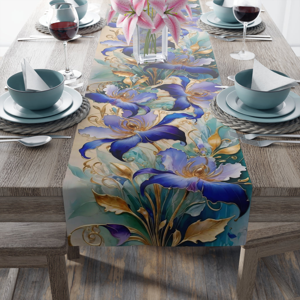 Purple Iris Floral Table Runner – Violet Gold Botanical Dining Decor, Cotton Twill or Polyester, 72" & 90"
