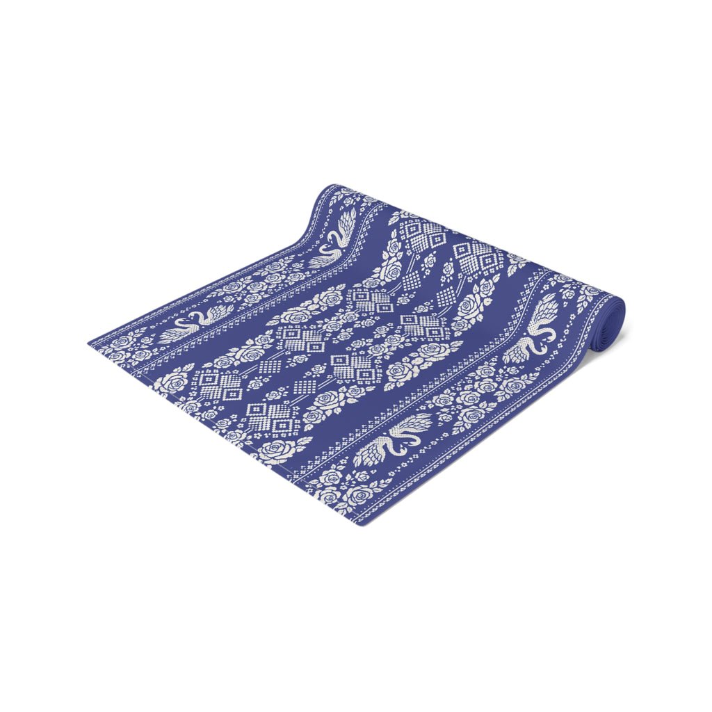 BLUESKYDEZIGN Wedding Swans Table Runner - Blue White Ukrainian Folk Art