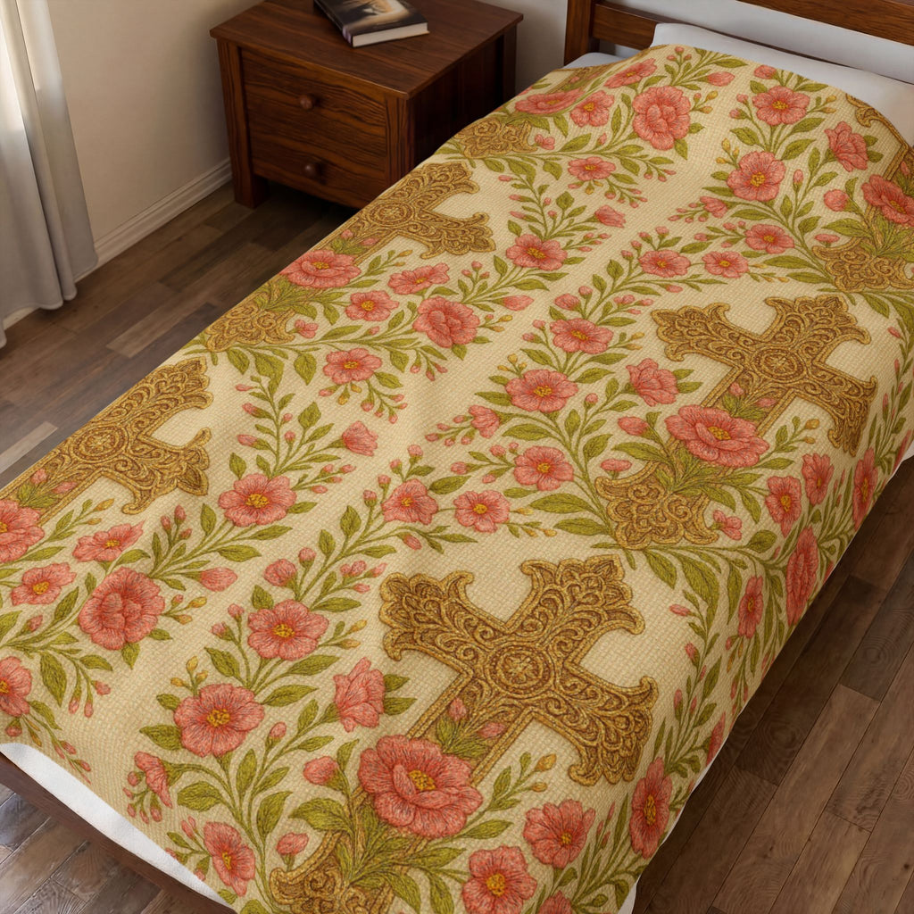 BLUESKYDEZIGN Blessed Home Floral Cross Plush Blanket | Vintage Rose Religious Throw | Soft Velveteen | 3 Sizes