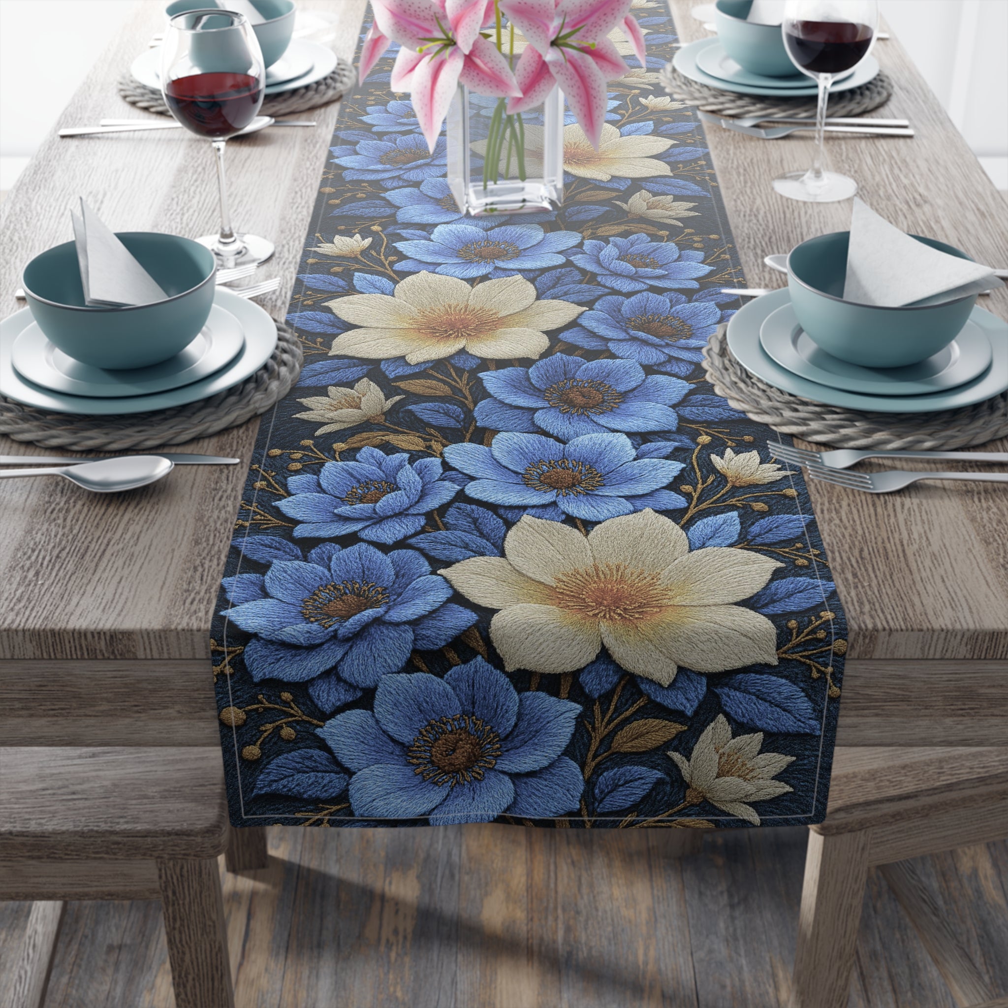Midnight Symphony Floral Table Runner | Navy Blue & Cream Botanical Dining Linen