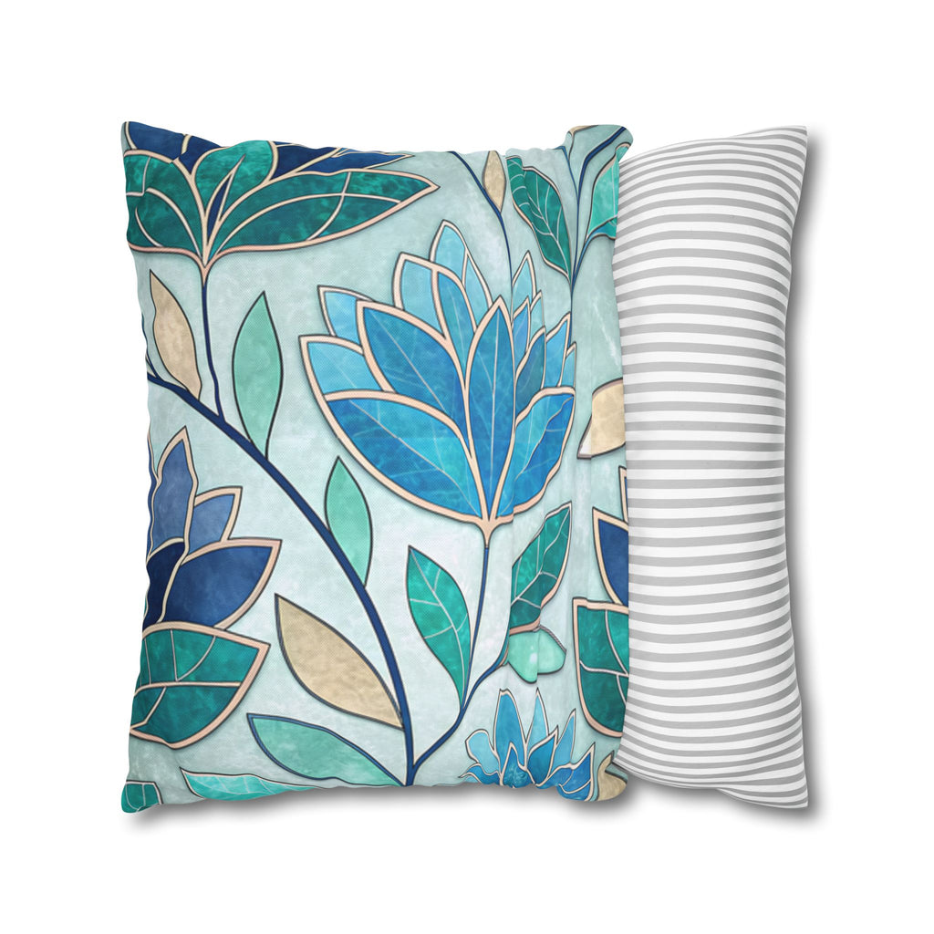 Mosaic Pillowcase 1piece, Stained Glass Style Floral Cushion Covers, Teal Blue Decorative Polyester Throw Pillowcases