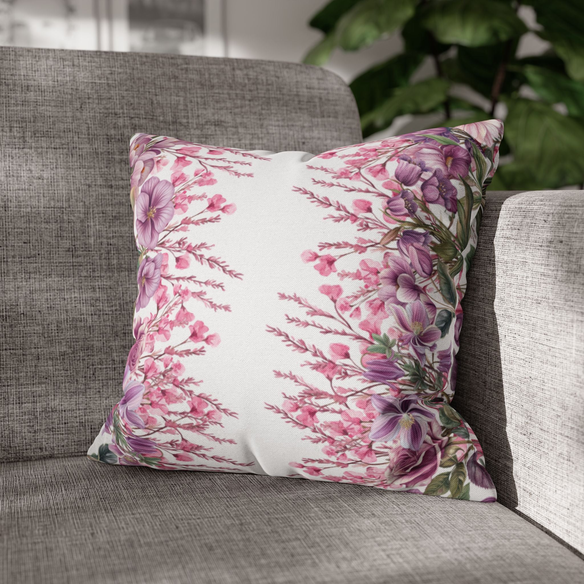 Spring Floral Pillowcase 1piece, Polyester Cushion Cover, Pink  Purple Flowers, Spring Home Decor