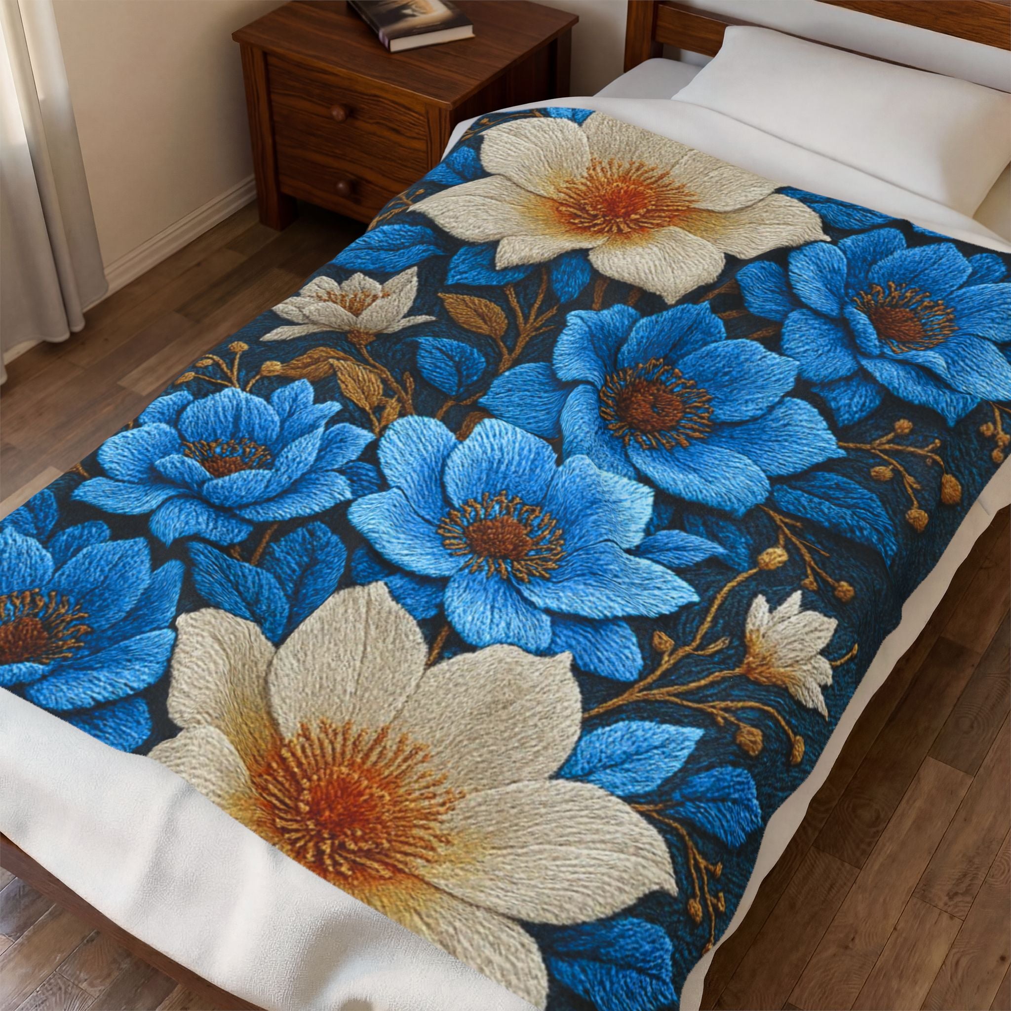 Midnight Symphony Velveteen Plush Blanket | Navy Blue & Cream Botanical Throw