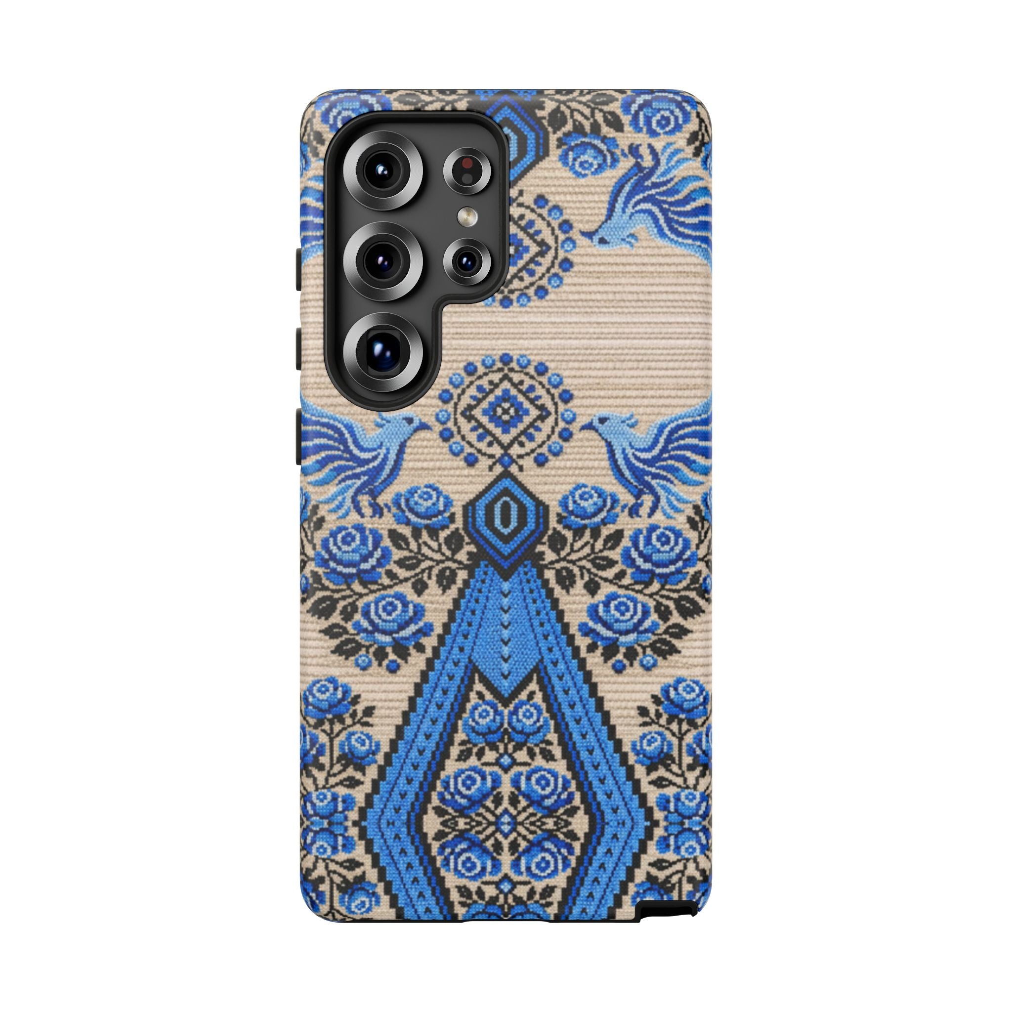 Ukrainian Phone Case  Blue Black Berehynia Design, Falcons & Roses Folk Art, Slavic Embroidery Style Protective Cover