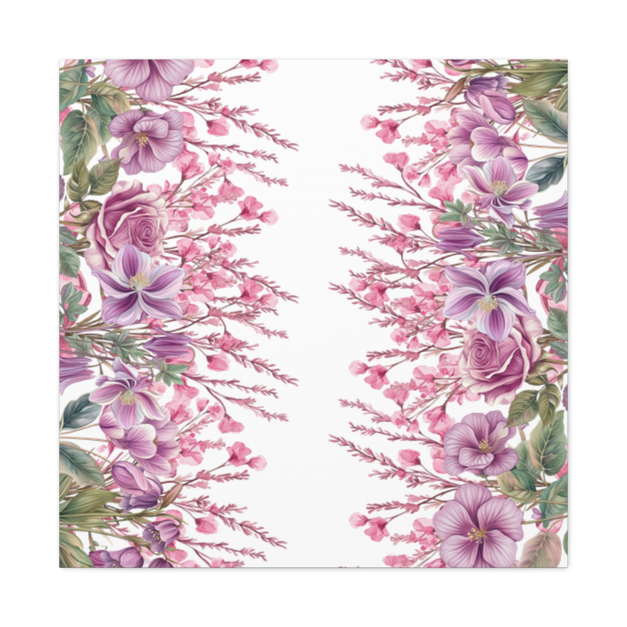 Floral Matte Canvas Wall Art, Pink Purple Botanical Print, Modern Symmetrical Flower Design, Stretched 1.25" Canvas Home Decor