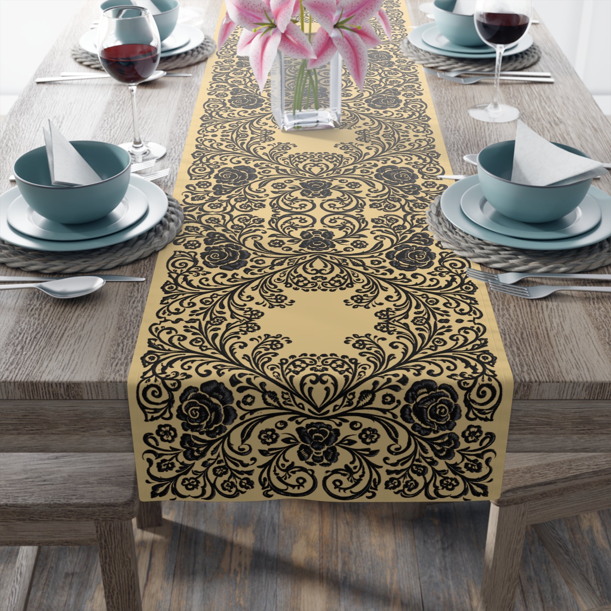 Vintage Baroque Floral Table Runner | Damask Cream & Black | BLUESKYDEZIGN