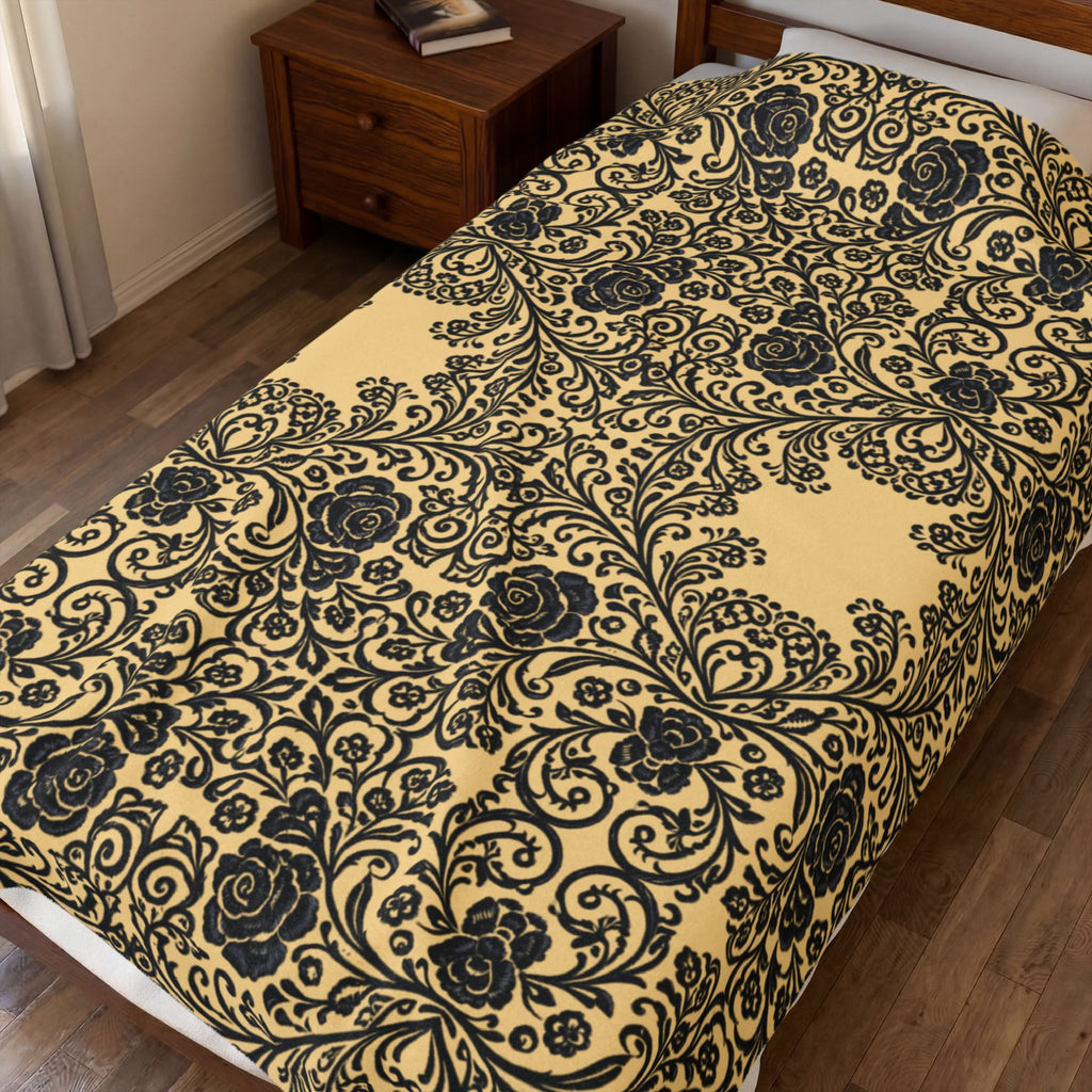 Velveteen Plush Blanket | Vintage Baroque Damask Gold Throw | BLUESKYDEZIGN