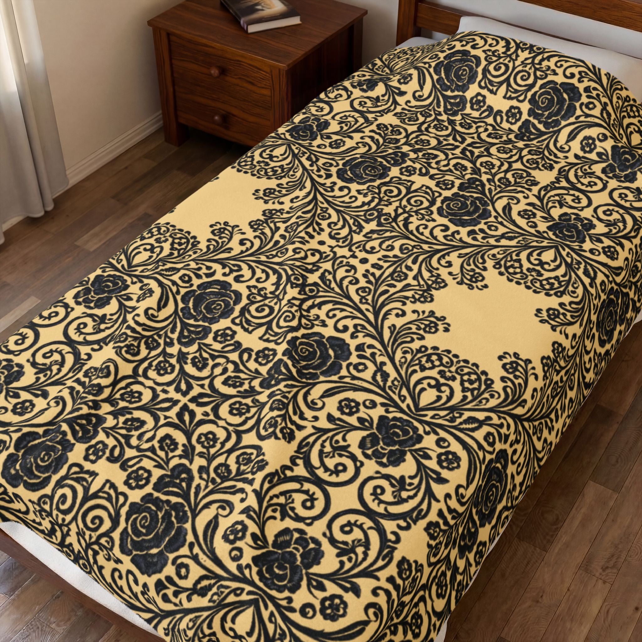 Velveteen Plush Blanket | Vintage Baroque Damask Gold Throw | BLUESKYDEZIGN