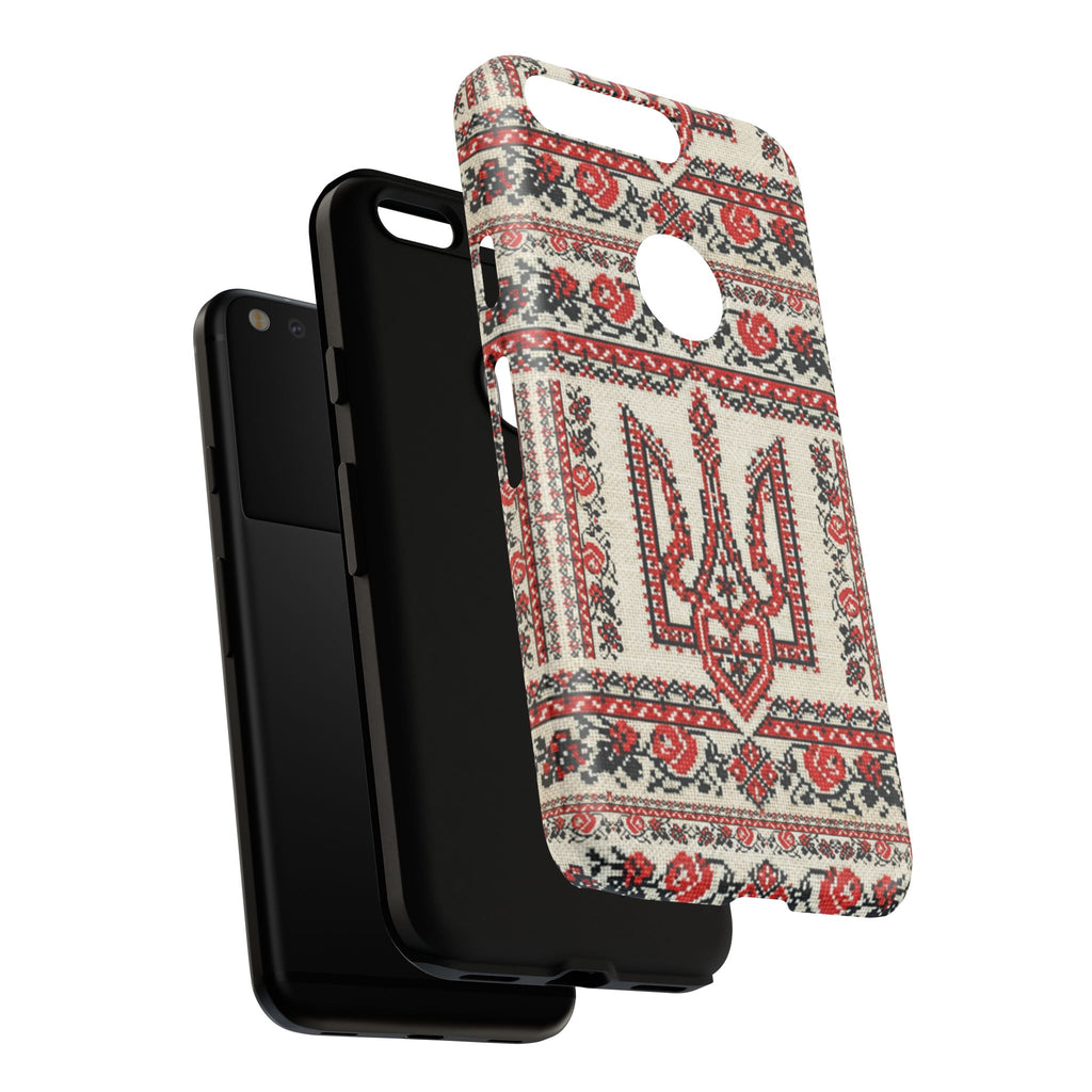 Ukrainian Trident Embroidery Phone Case • Red Black Trident Pattern • Protective Folk Art Cover for iPhone & Samsung