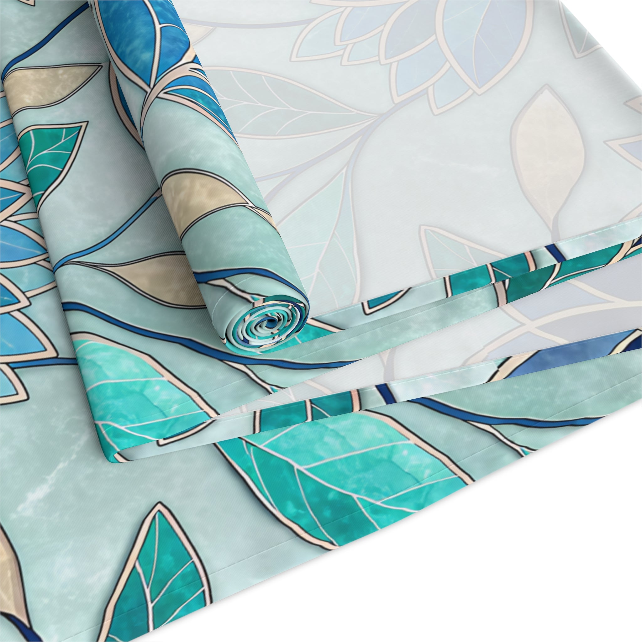 Mosaic Table Runner, Stained Glass Style Floral Runner, Teal Blue Geometric Table Decor for Dining Room Kitchen