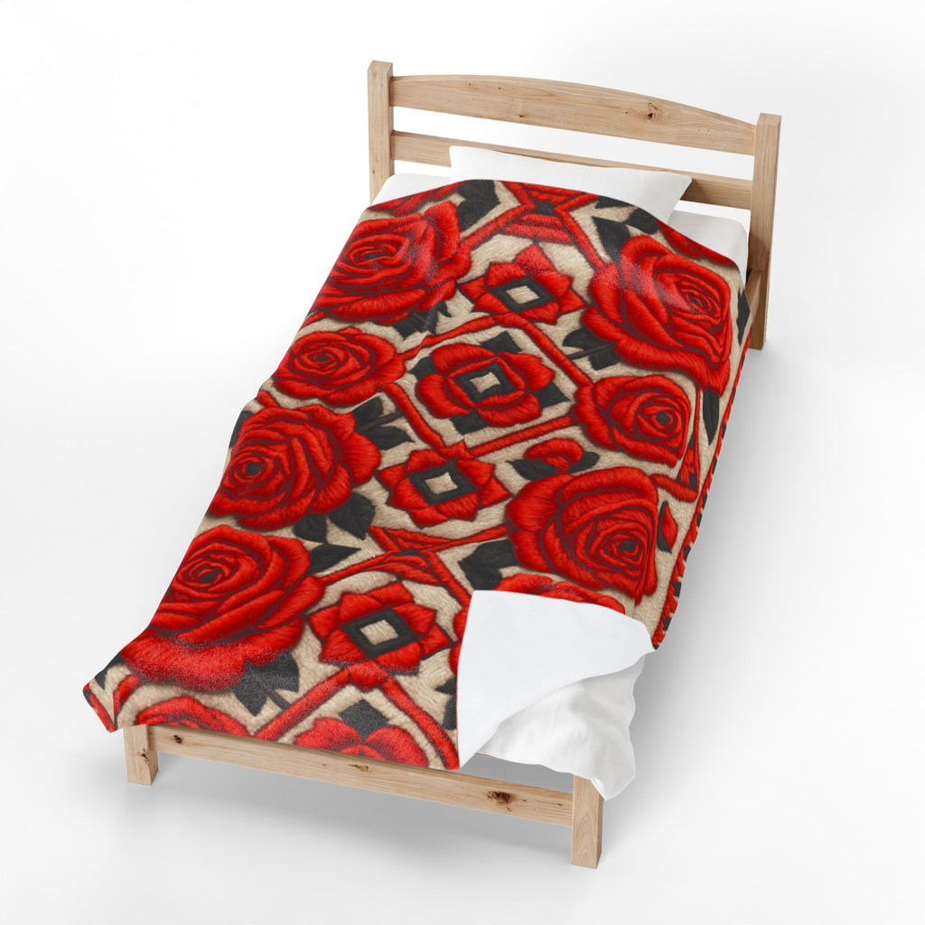 Red Roses Velveteen Plush Blanket | Vintage Floral Throw | Soft Cozy Romantic Bedding Decor