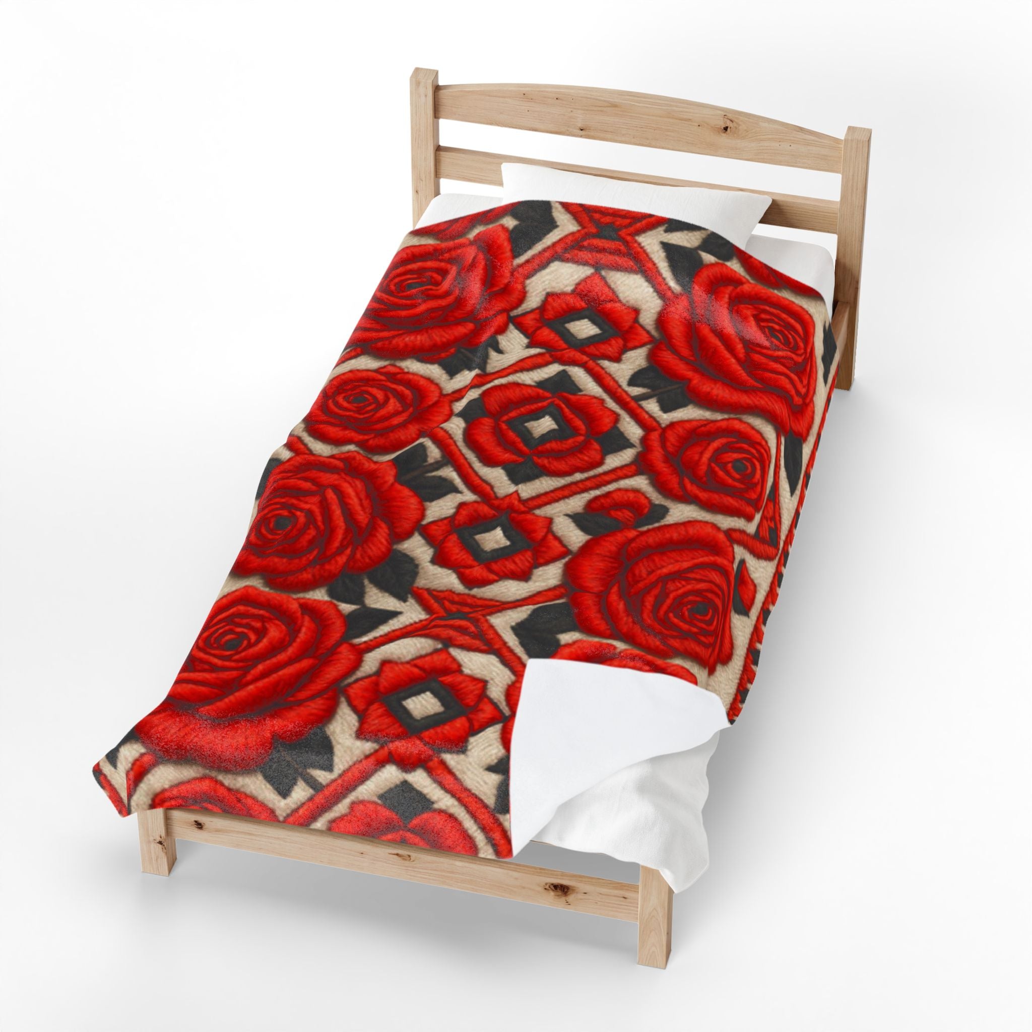 Red Roses Velveteen Plush Blanket | Vintage Floral Throw | Soft Cozy Romantic Bedding Decor
