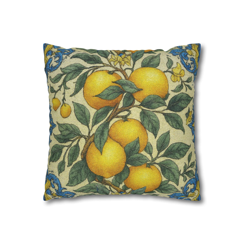 Decorative square pillowcase with a vintage botanical print of lemons and oranges on branches, featuring a blue ornate border, isolated on white.