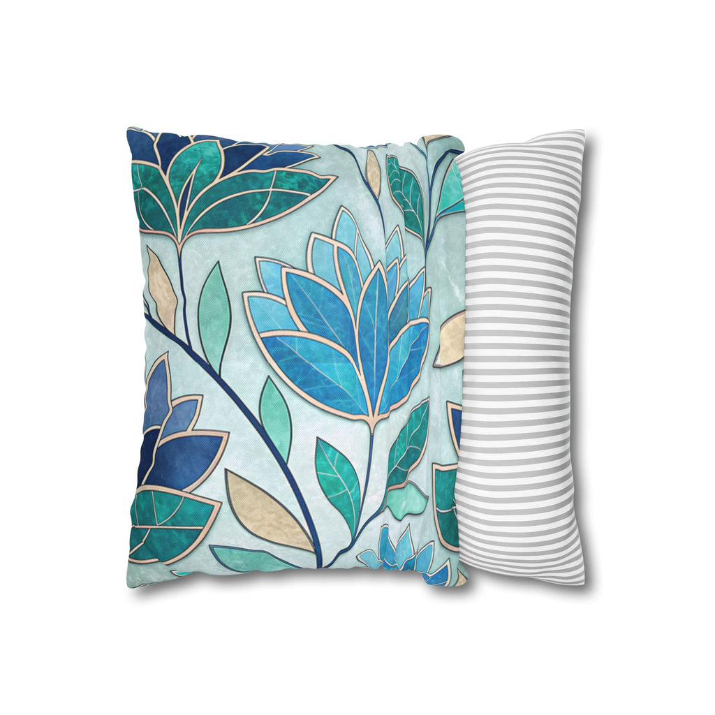 Mosaic Pillowcase 1piece, Stained Glass Style Floral Cushion Covers, Teal Blue Decorative Polyester Throw Pillowcases