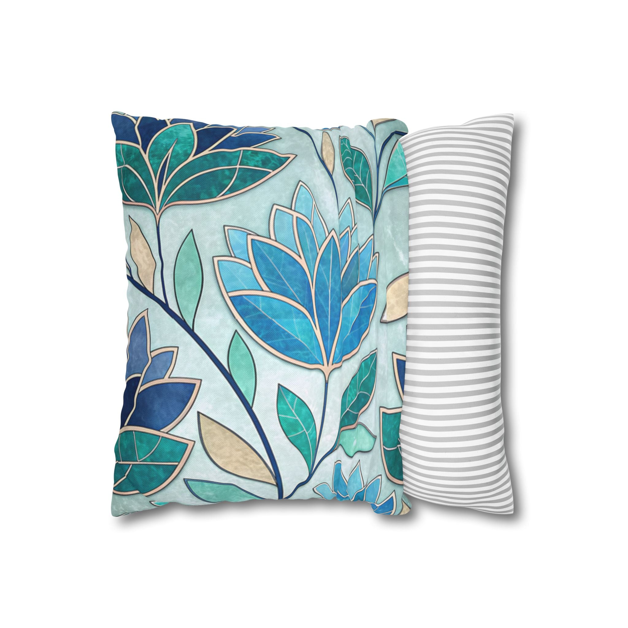 Mosaic Pillowcase 1piece, Stained Glass Style Floral Cushion Covers, Teal Blue Decorative Polyester Throw Pillowcases