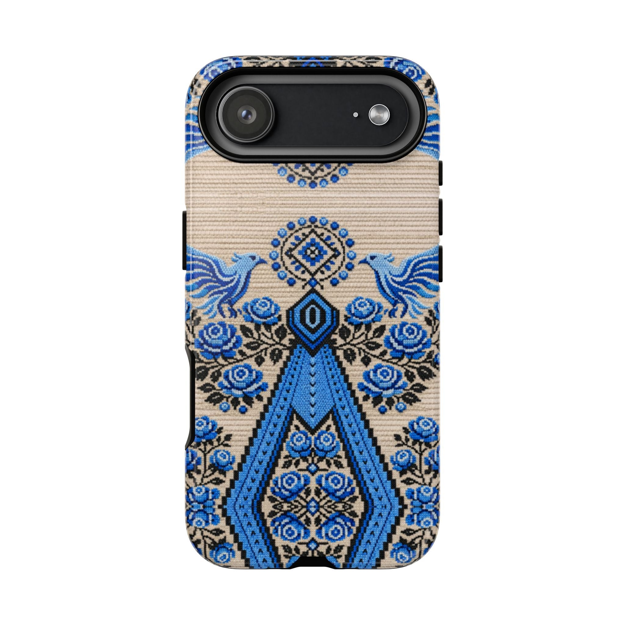 Ukrainian Phone Case  Blue Black Berehynia Design, Falcons & Roses Folk Art, Slavic Embroidery Style Protective Cover