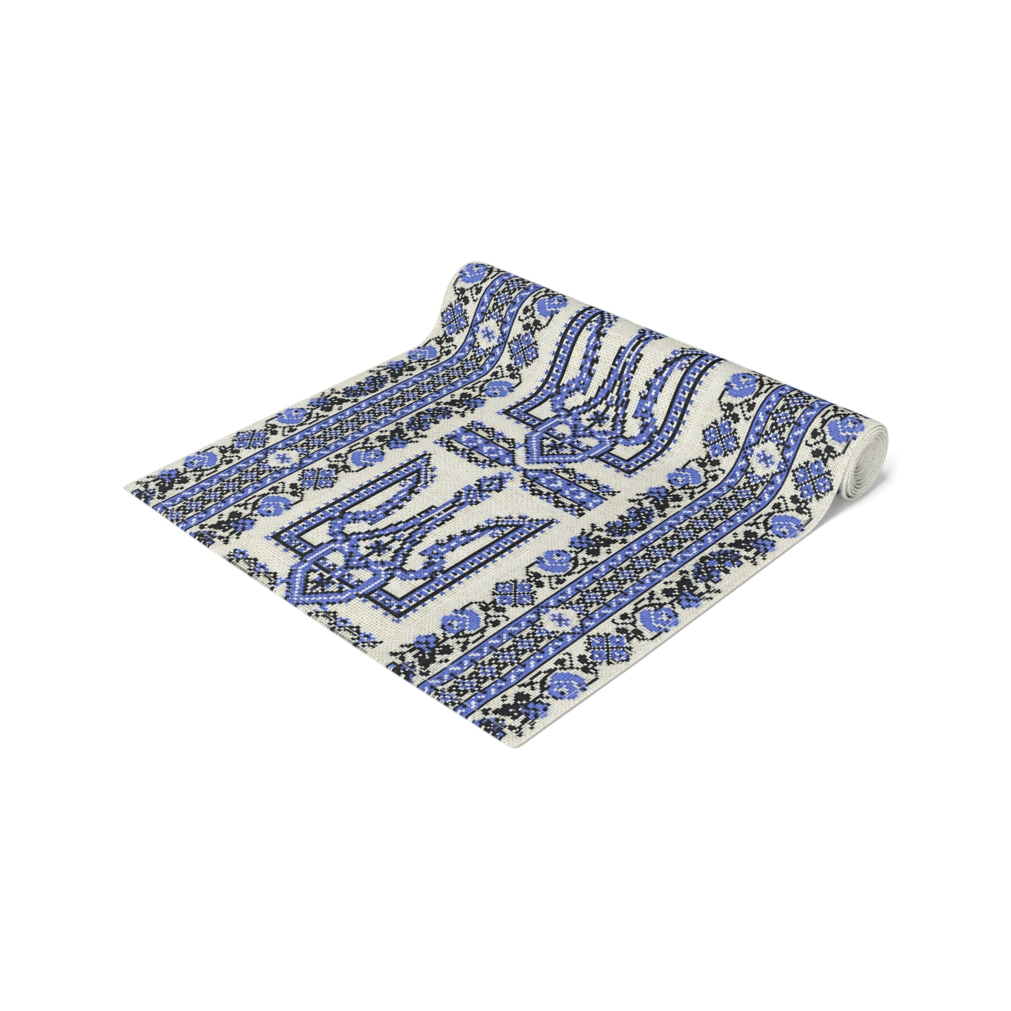 Ukrainian Trident Blue Table Runner | Tryzub Folk Decor | Cotton or Polyester