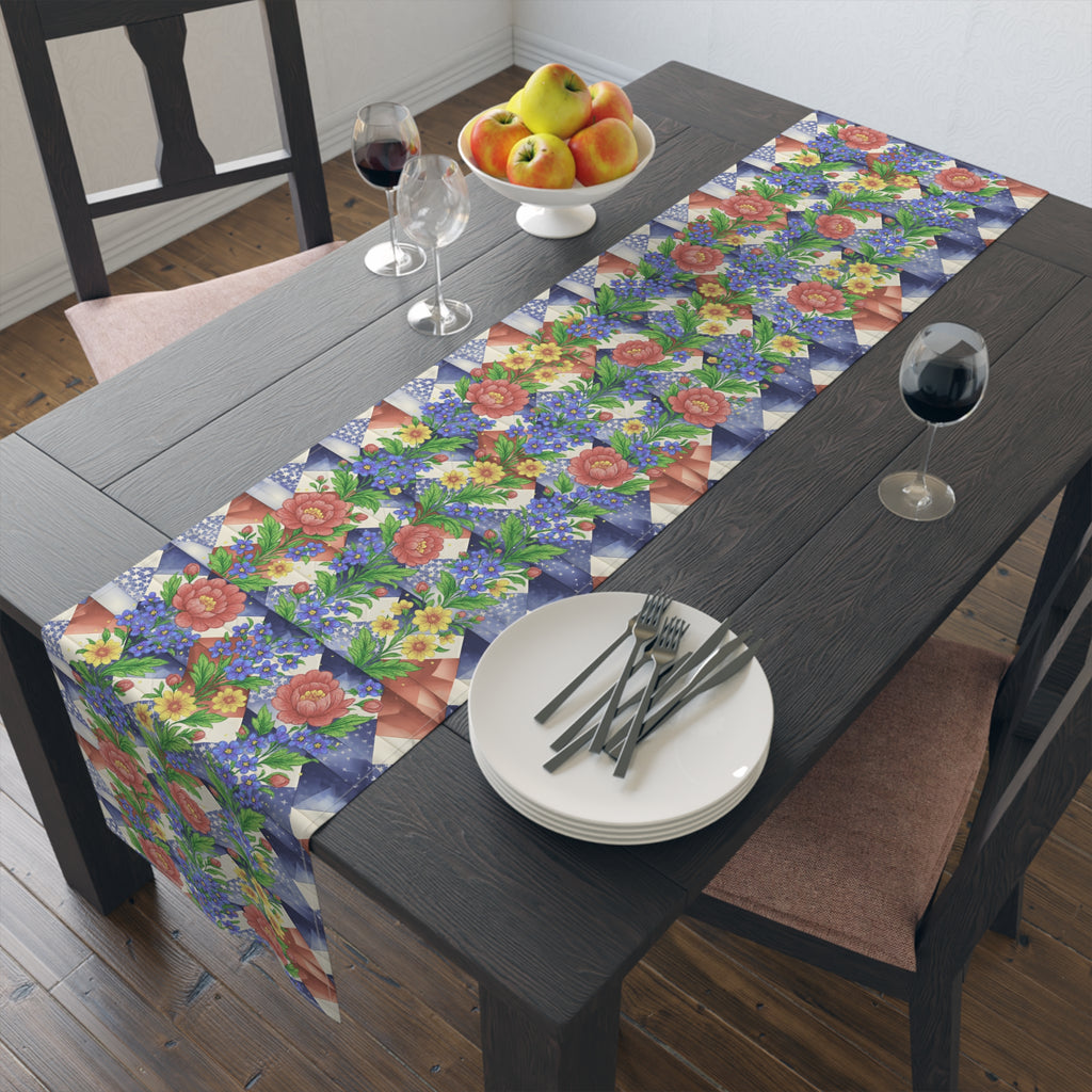 American Cozy Floral Table Runner - Patriotic Blue Geometric & Rose Bouquet Decor