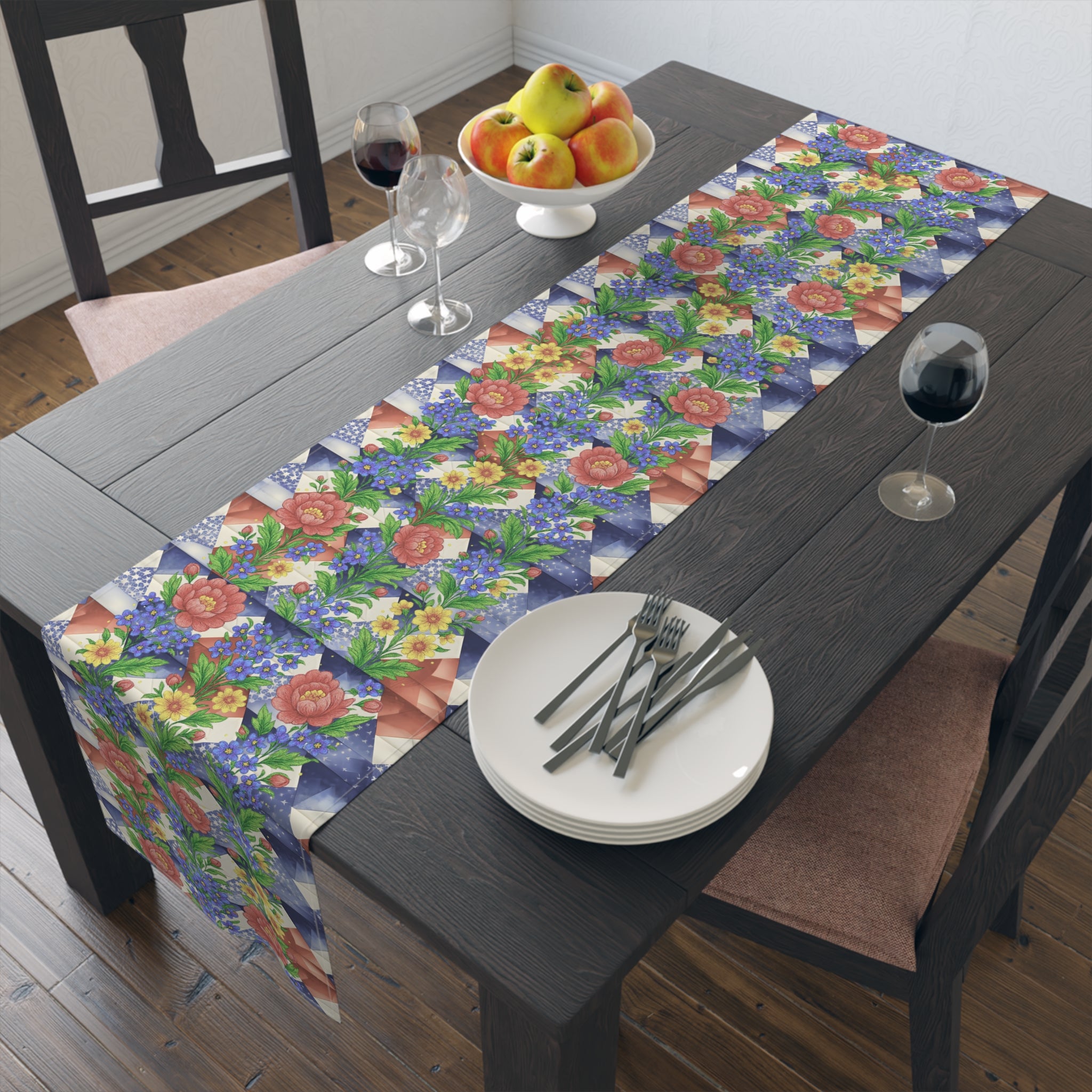 American Cozy Floral Table Runner - Patriotic Blue Geometric & Rose Bouquet Decor