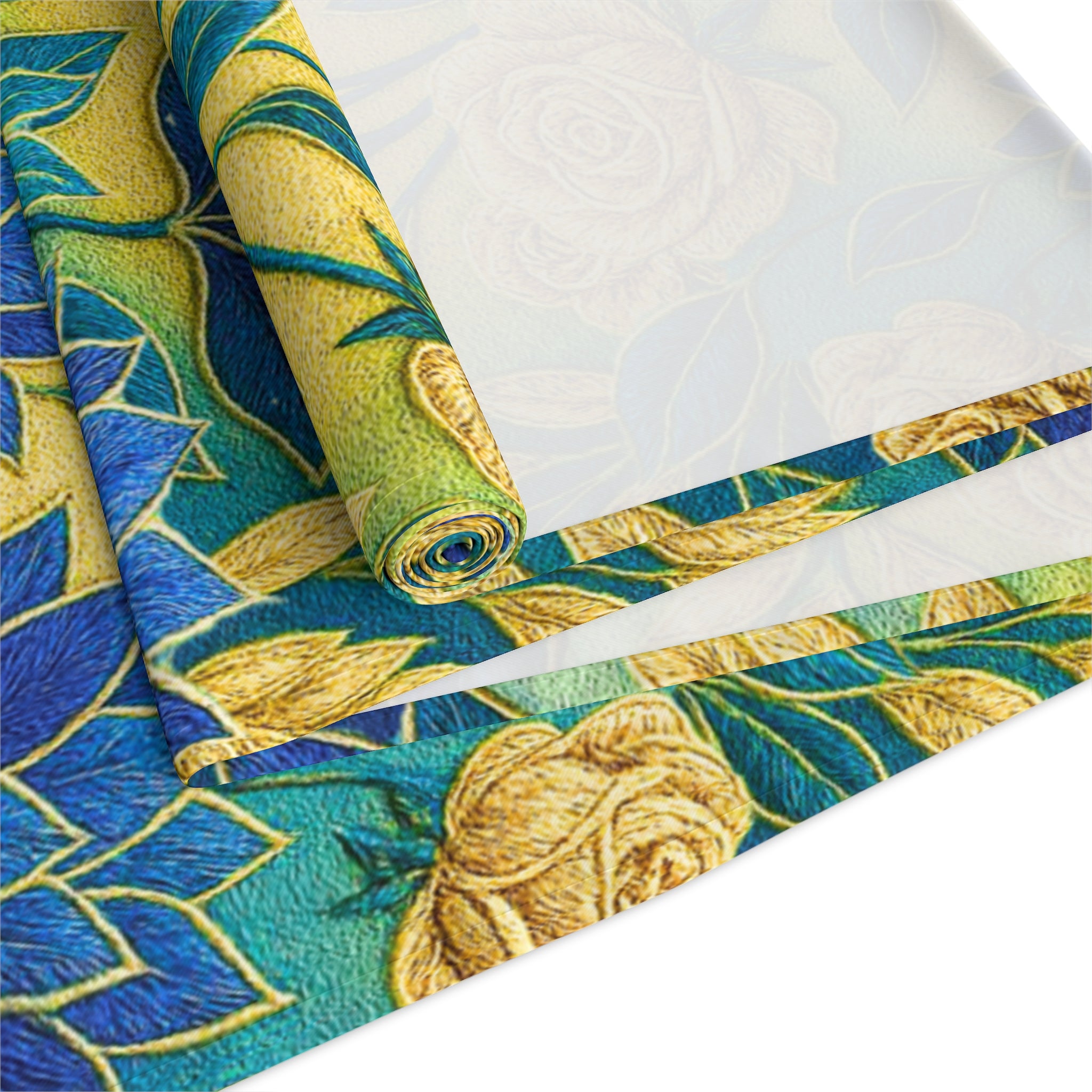 Blue Lotus Table Runner, Yellow Floral Dining Decor, Cotton Poly Tablecloth, Ukrainian Bloom Table Topper, Botanical Kitchen Runner