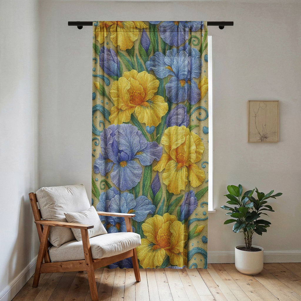 BLUESKYDEZIGN | Yellow and Blue Irises Sheer Window Curtain | Irises in Bloom Collection | Spring Botanical Drapery | Farmhouse Gift