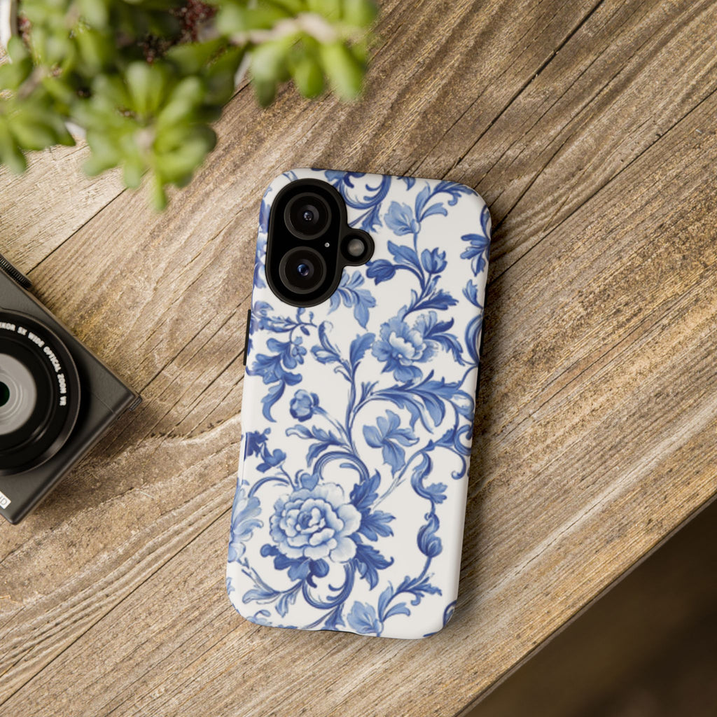 BLUESKYDEZIGN | Blue Vintage Toile Floral Phone Case – Romantic Porcelain-Style Pattern Tough Cover for iPhone & Samsung
