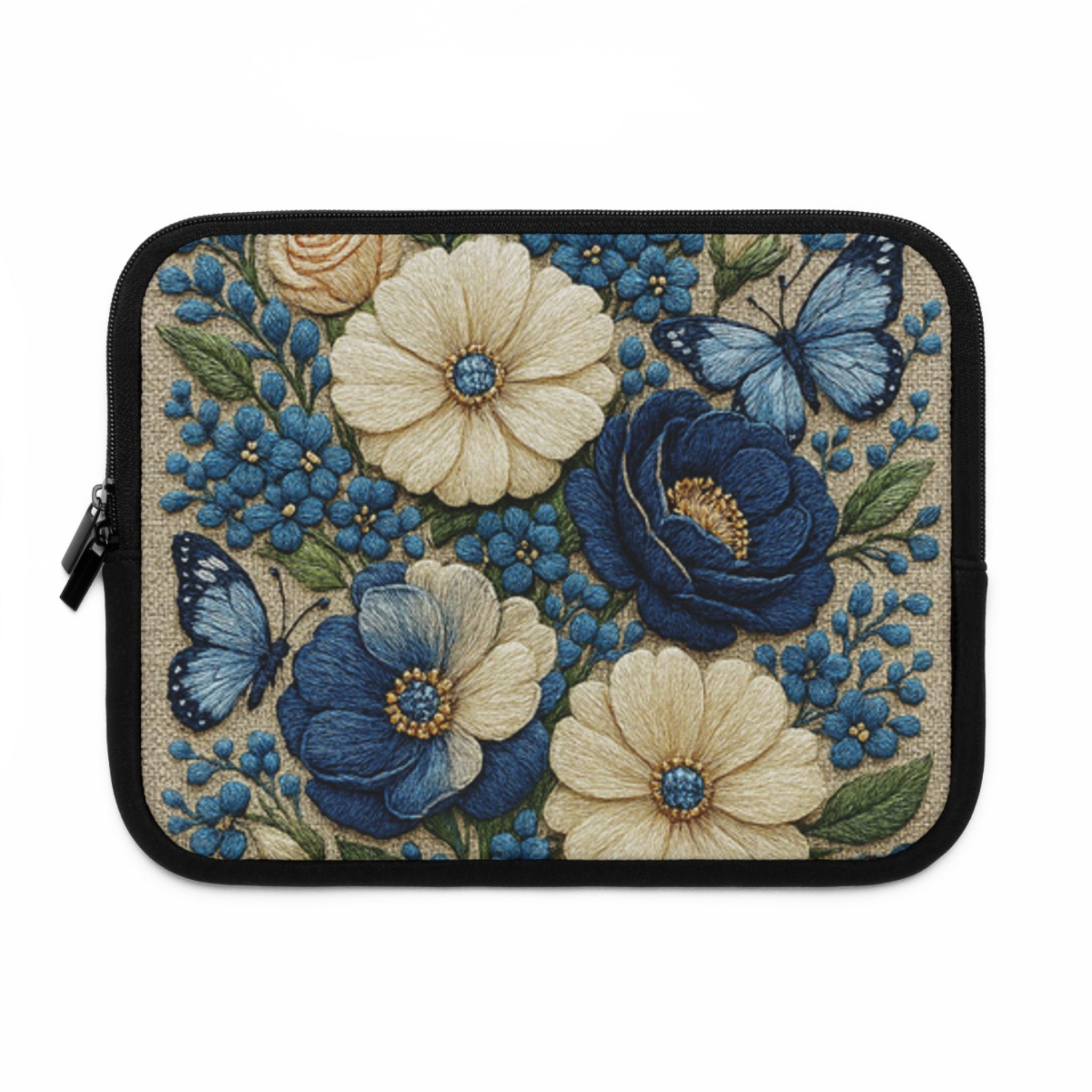 Wild Beauty Floral Laptop Sleeve | Blue Cream Botanical Neoprene Case with Zipper | Cottagecore Tech Bag
