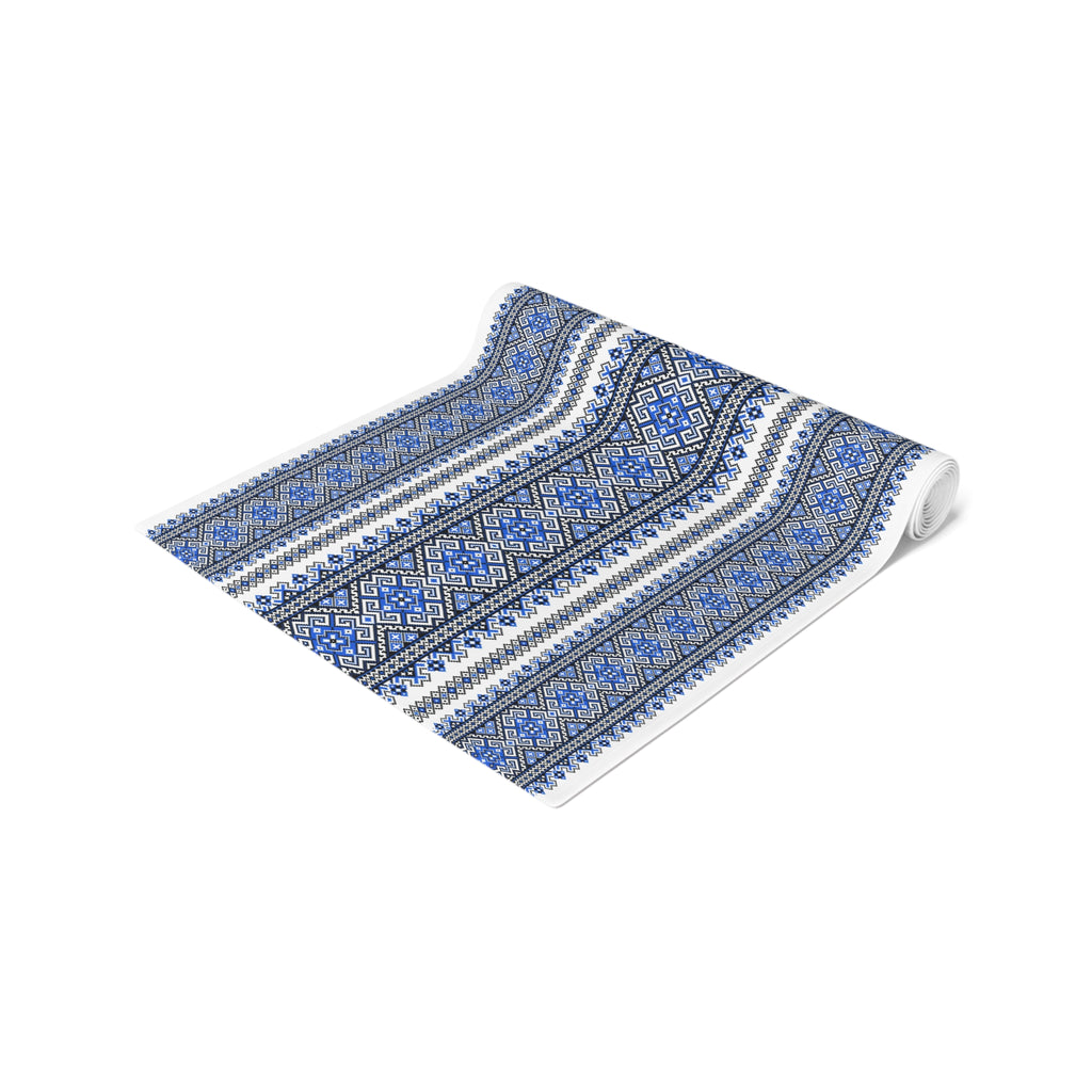 Stasia Blue Table Runner | Ukrainian Folk Embroidery | Indigo Geometric Dining Linen