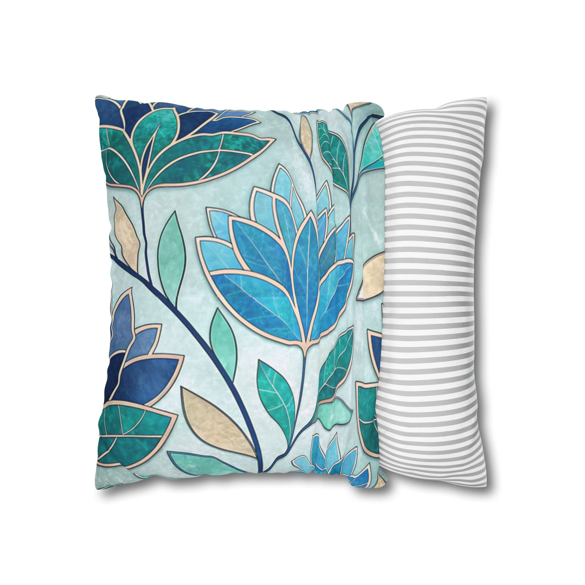 Mosaic Pillowcase 1piece, Stained Glass Style Floral Cushion Covers, Teal Blue Decorative Polyester Throw Pillowcases