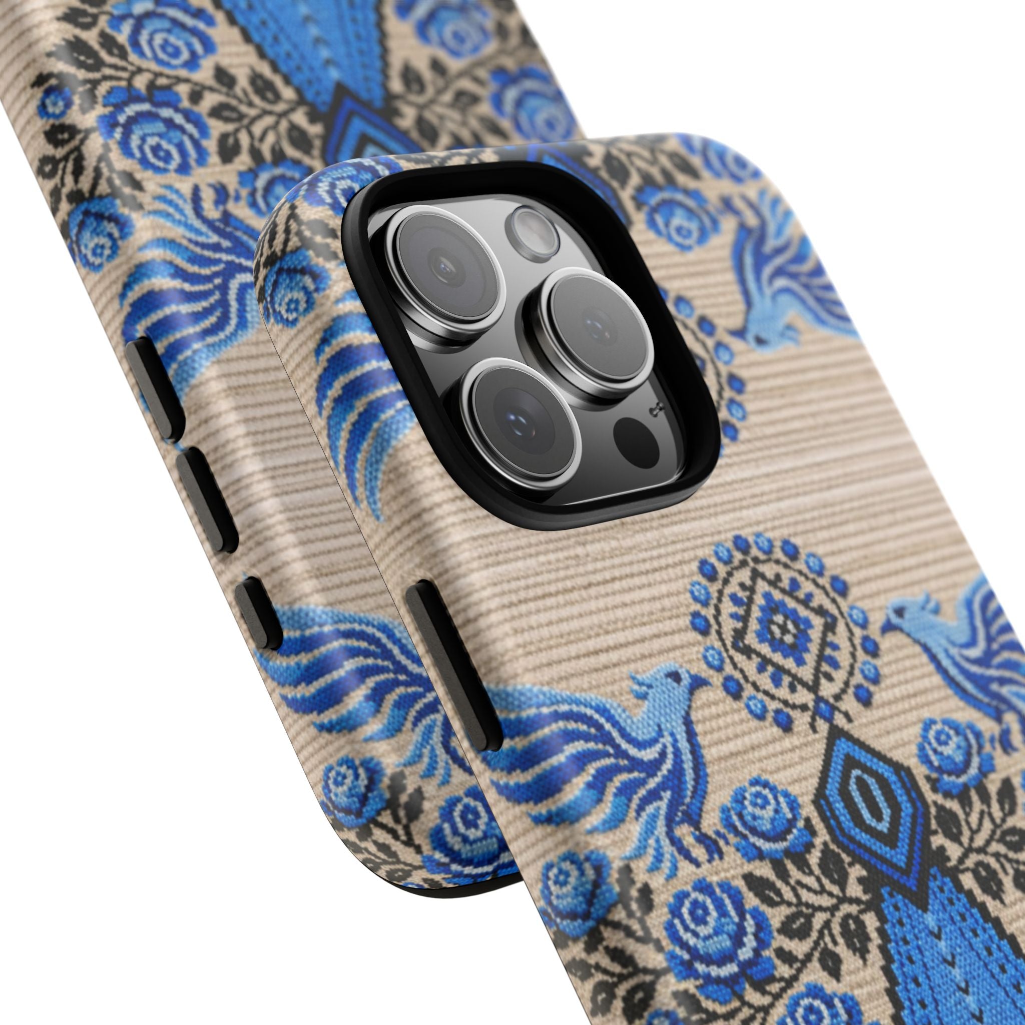 Ukrainian Phone Case  Blue Black Berehynia Design, Falcons & Roses Folk Art, Slavic Embroidery Style Protective Cover