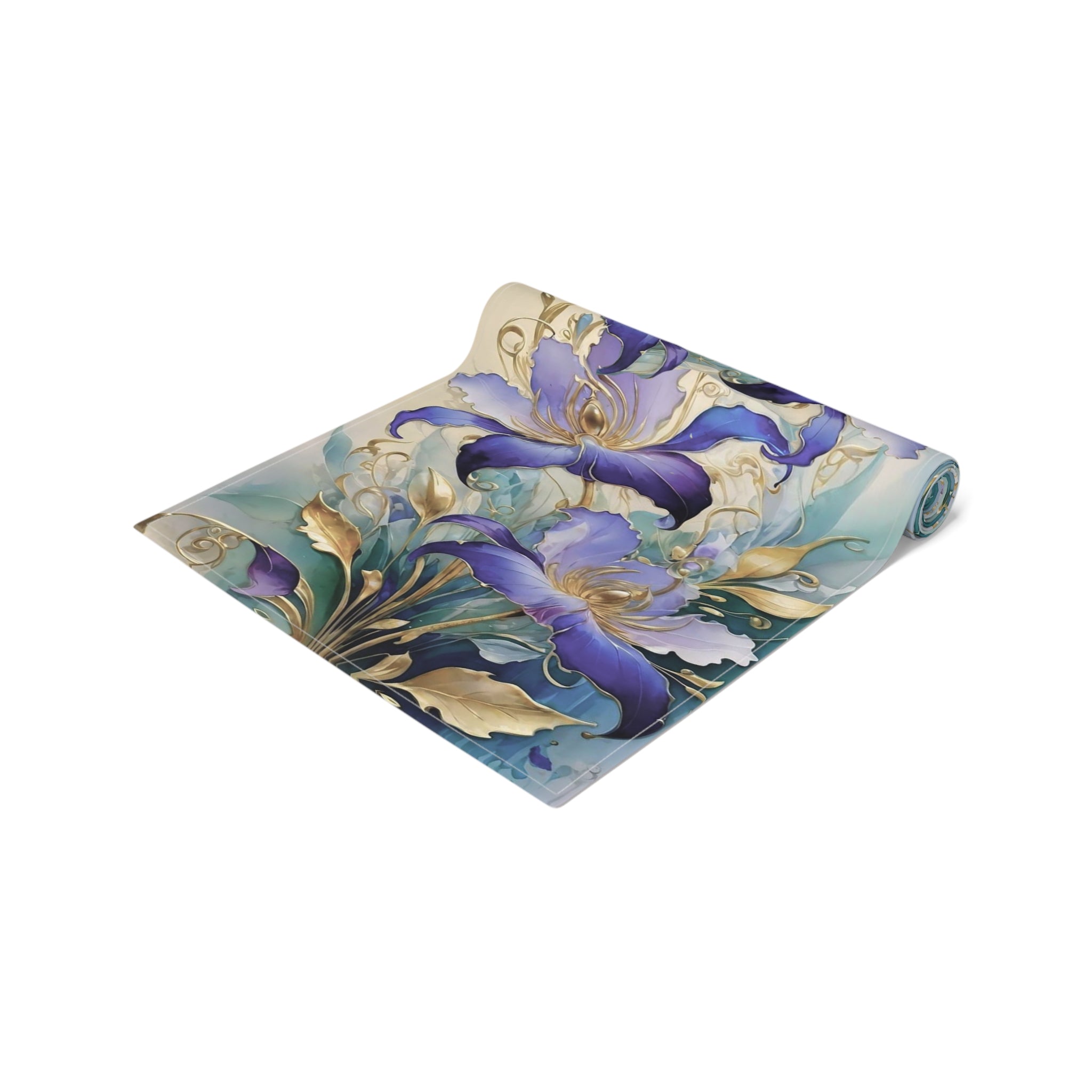 Purple Iris Floral Table Runner – Violet Gold Botanical Dining Decor, Cotton Twill or Polyester, 72" & 90"