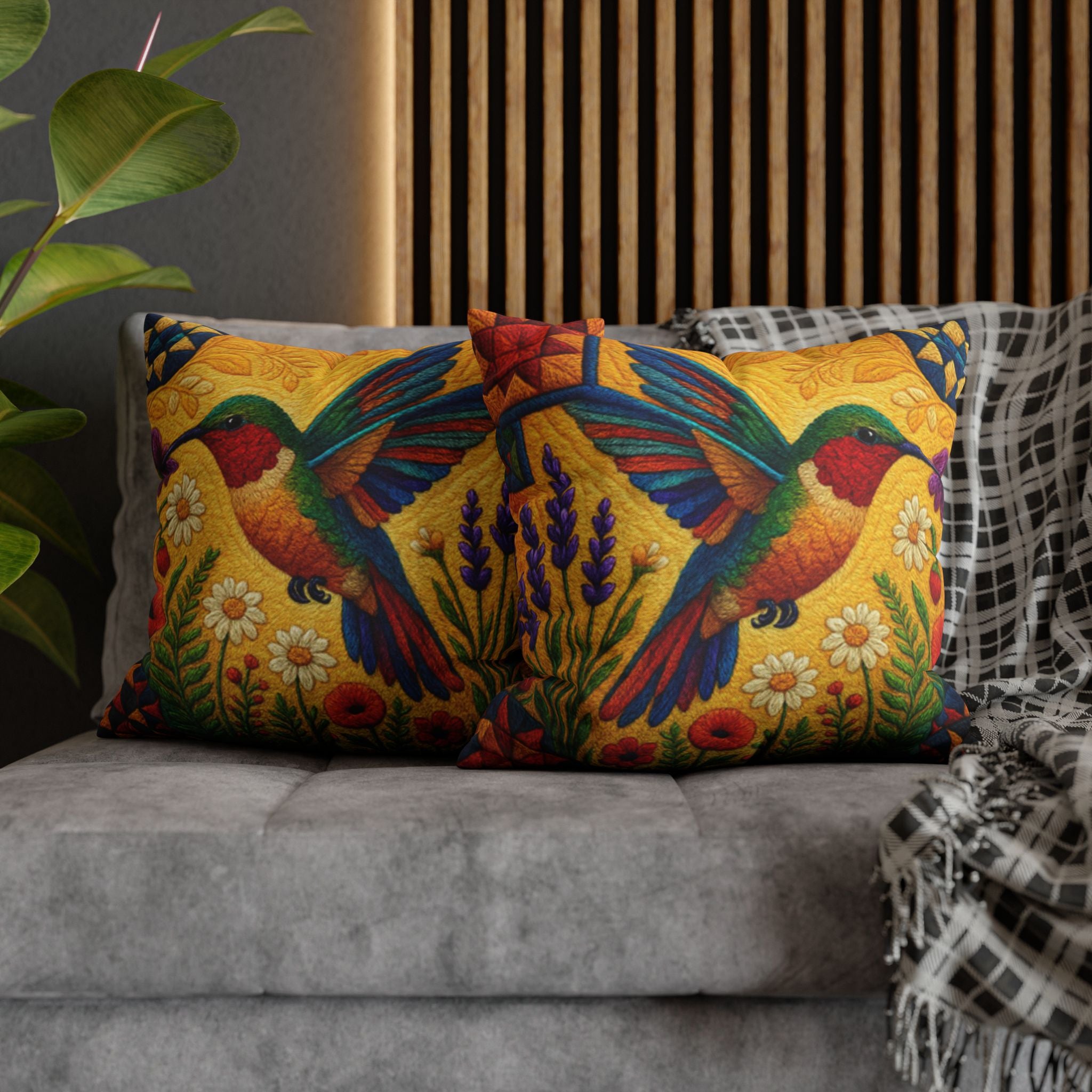 BLUESKYDEZIGN | Hummingbird Pillowcase | Colorful Folk Art Floral Throw Cushion Cover | Nature Lover Home Gift