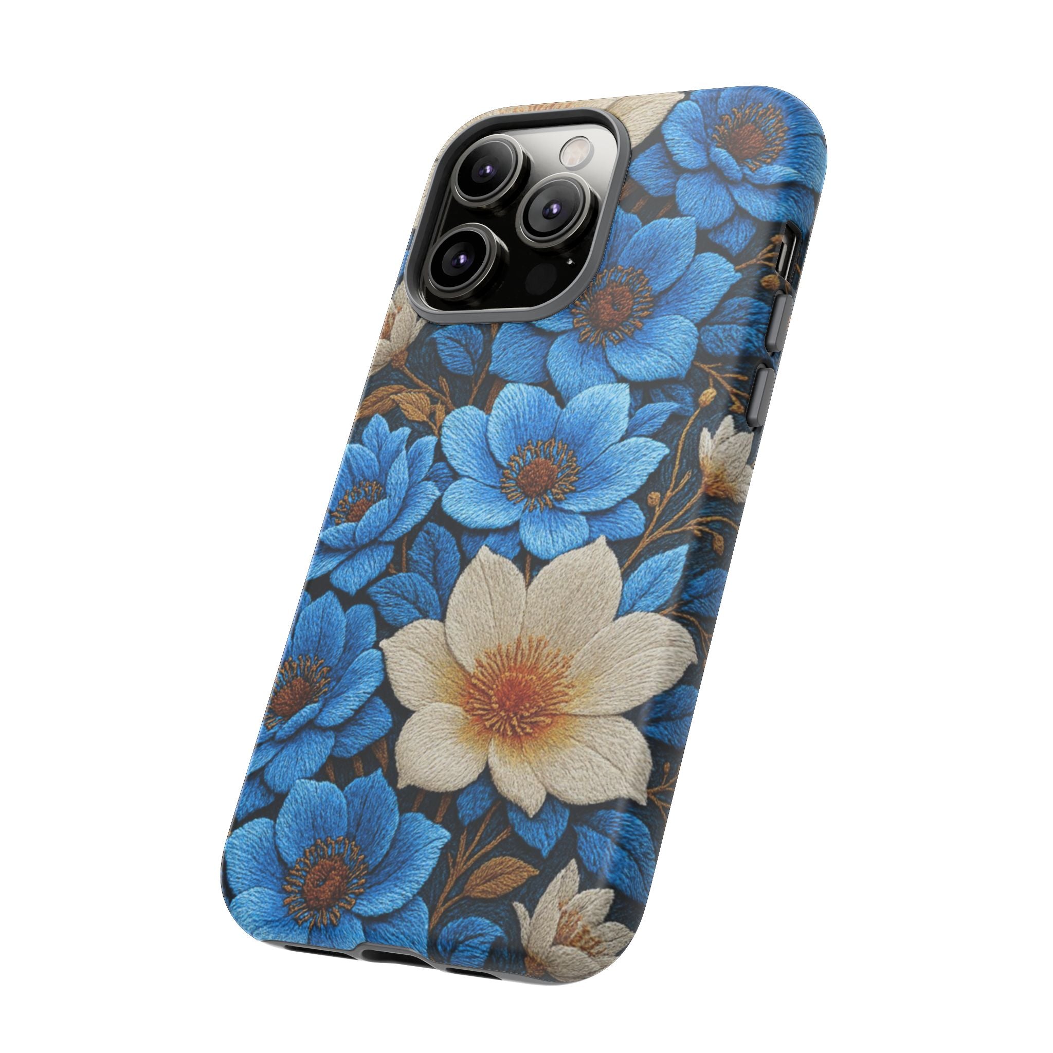 Midnight Symphony Floral Tough Phone Case – Navy Blue & Cream Botanical Cover, Shockproof Dual-Layer Protection