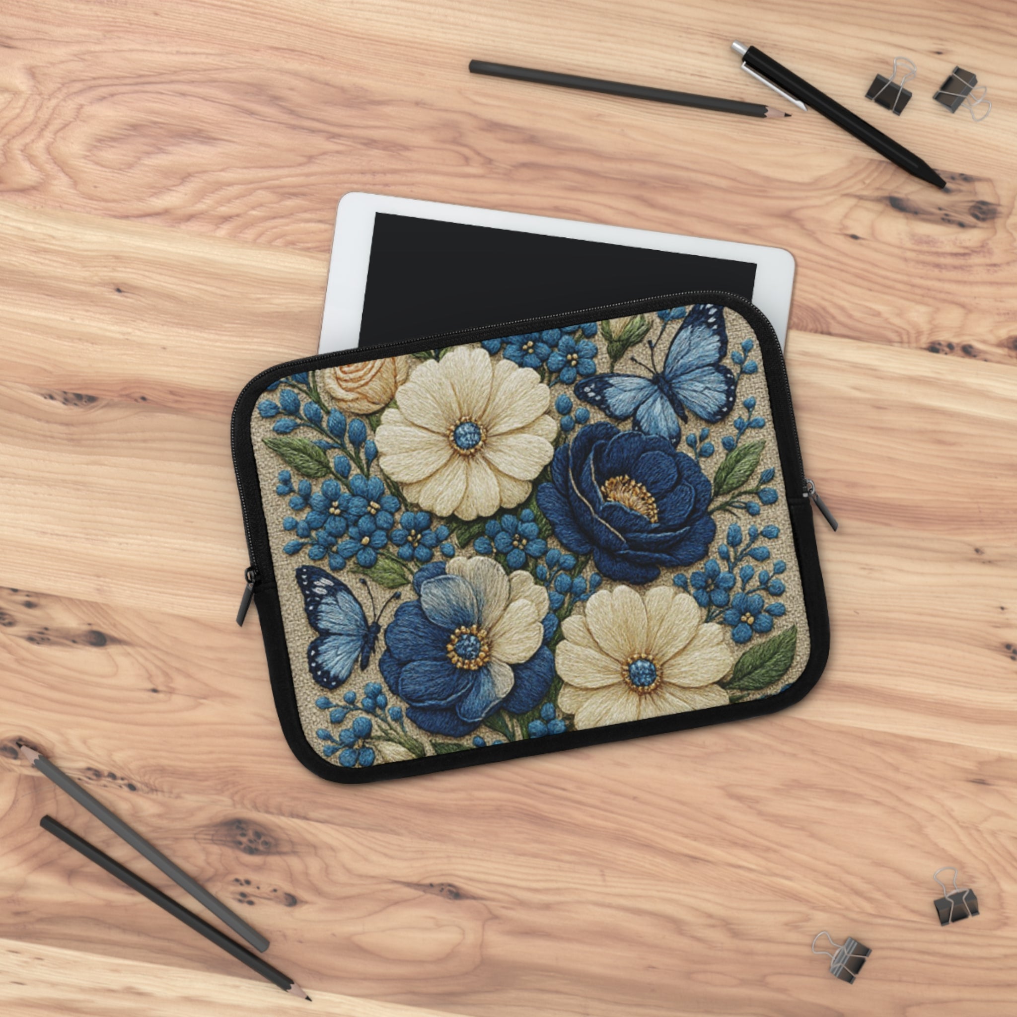 Wild Beauty Floral Laptop Sleeve | Blue Cream Botanical Neoprene Case with Zipper | Cottagecore Tech Bag