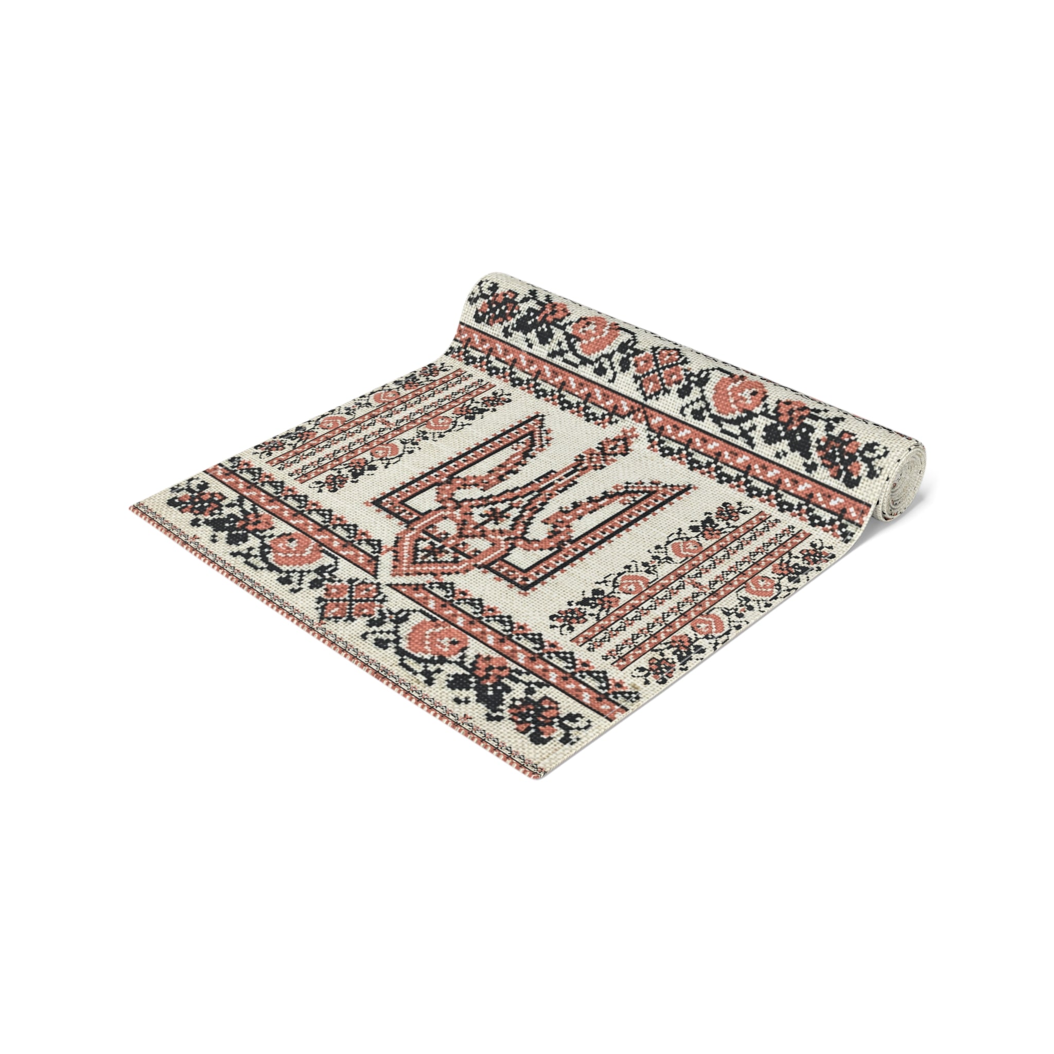Ukrainian Tryzub Table Runner, Red Black Embroidery Pattern, Linen Style Folk Art Dining Room Decor