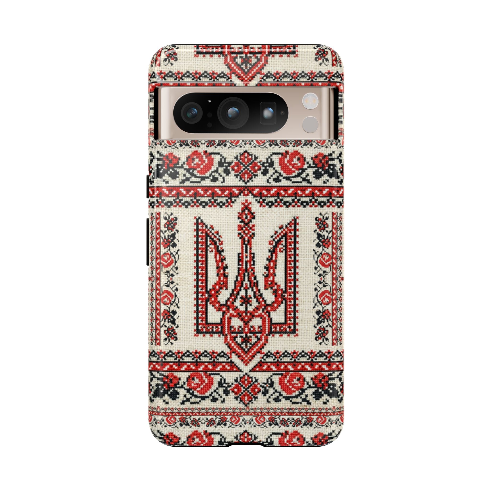 Ukrainian Trident Embroidery Phone Case • Red Black Trident Pattern • Protective Folk Art Cover for iPhone & Samsung