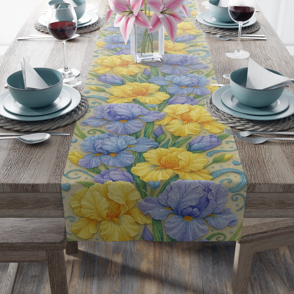 BLUESKYDEZIGN | Yellow and Lavender Iris Floral Table Runner | Spring Dining Decor | Modern Farmhouse | Cotton or Polyester Gift