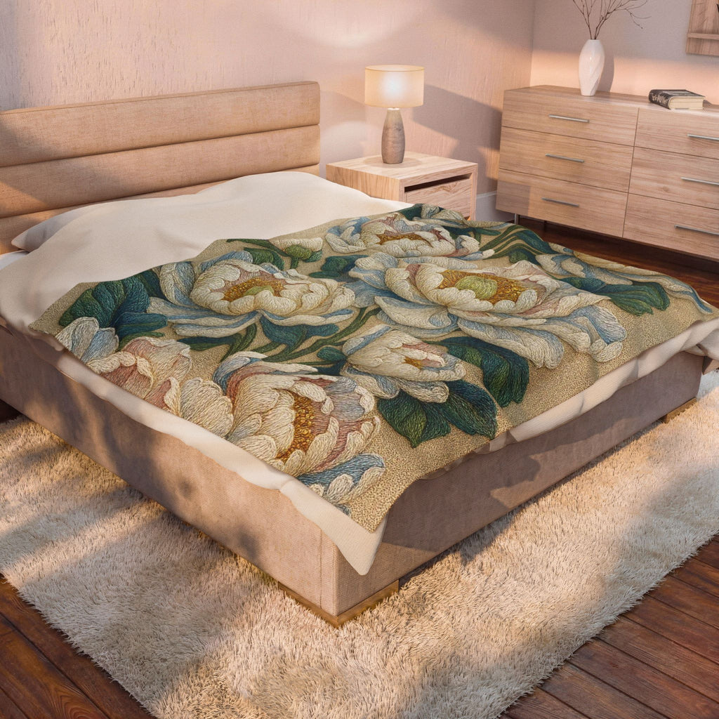 Petrykivka Bloom Blanket – White Peony Velvet Plush Throw, Sage Green Cottagecore