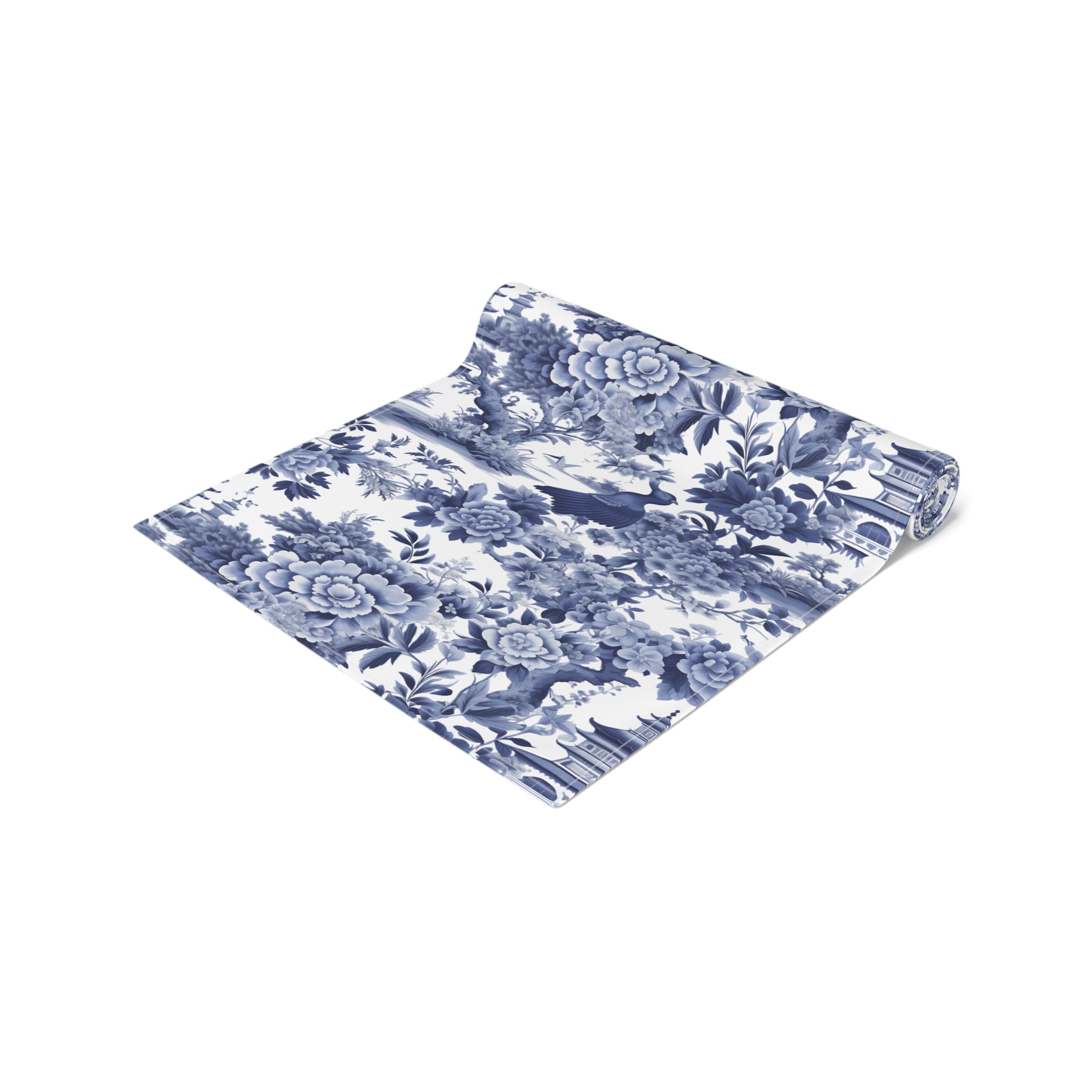 Blue Chinoiserie Toile Table Runner | Vintage Floral Dining Decor | Cotton Twill & Polyester