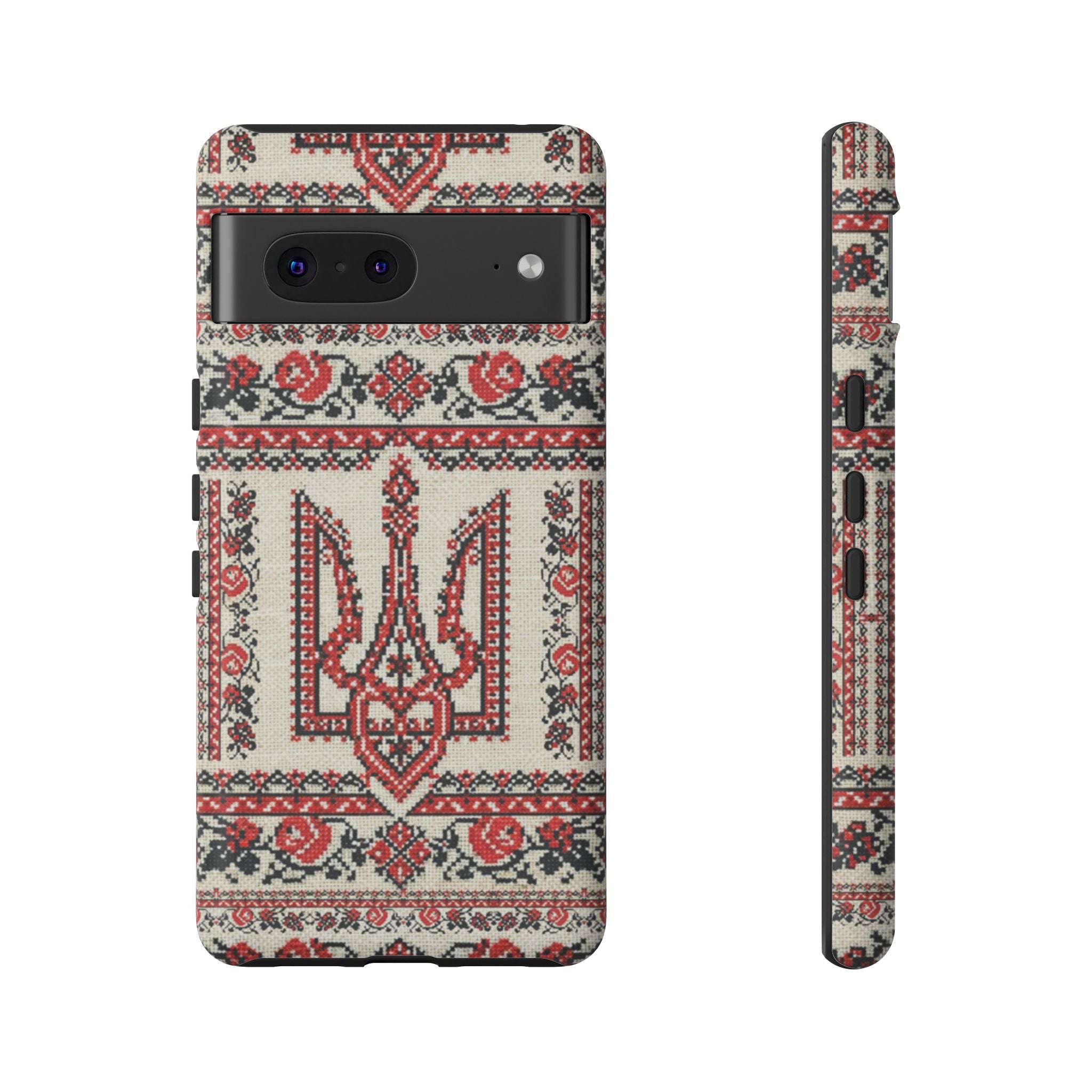 Ukrainian Trident Embroidery Phone Case • Red Black Trident Pattern • Protective Folk Art Cover for iPhone & Samsung