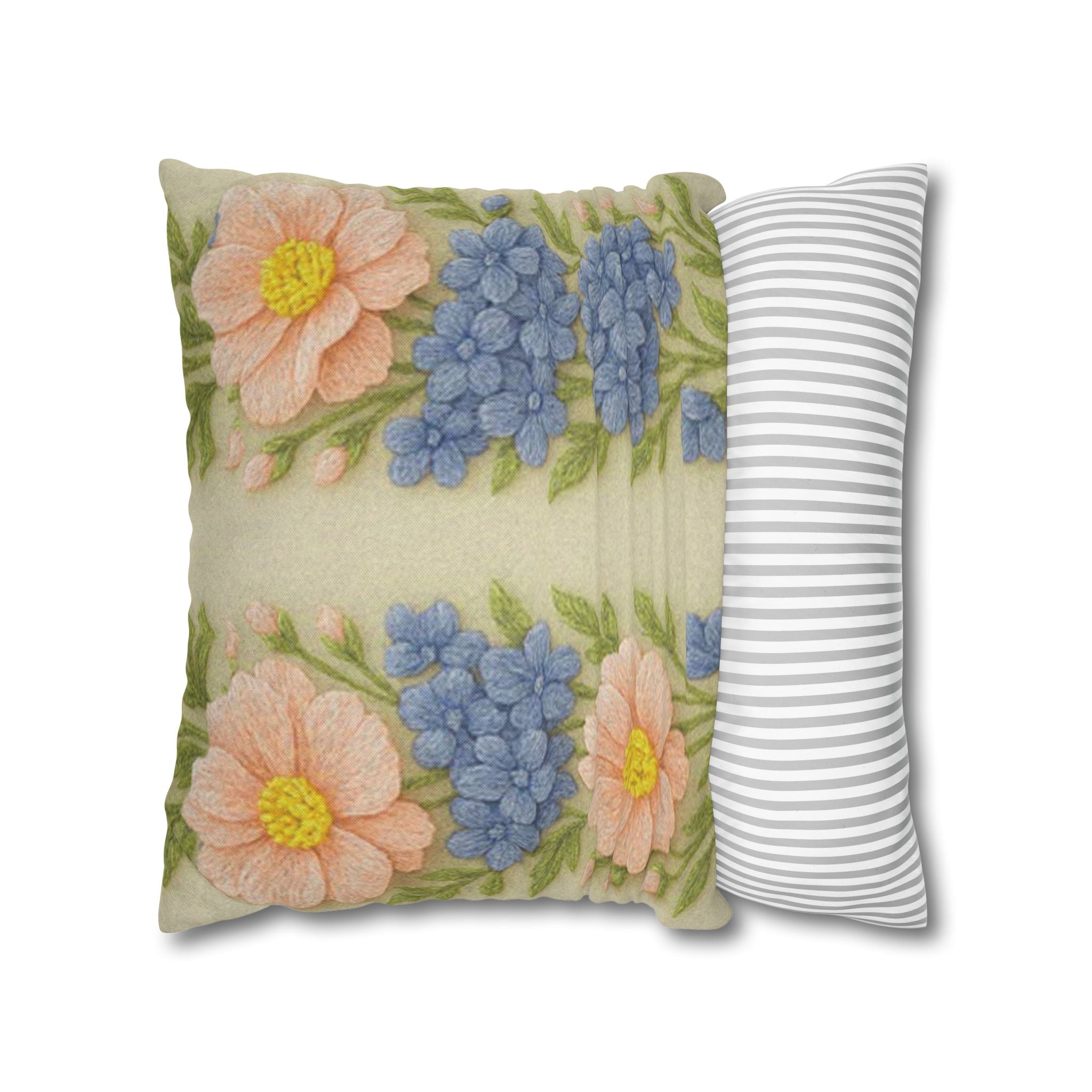 Vintage Floral Pillow Cover – Cottagecore Pink Daisies & Blue Hydrangeas | BLUESKYDEZIGN