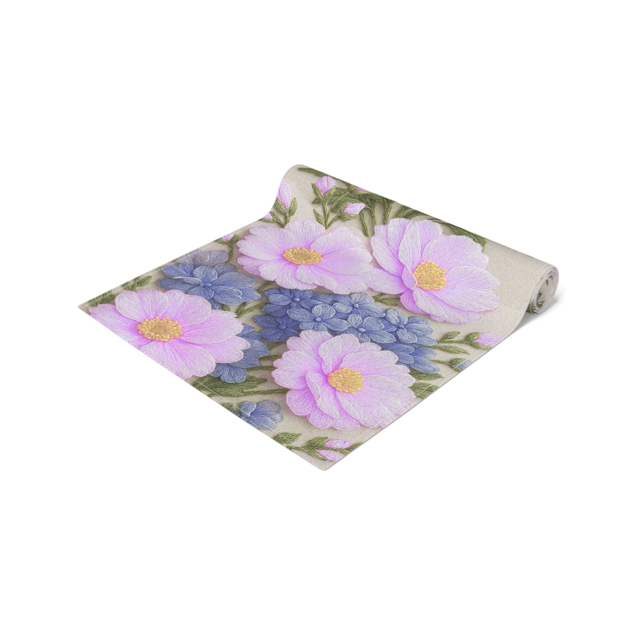Pink Cosmos and Blue Hydrangea Table Runner, Floral Table Decor, Alexandra Bloom Collection, Cotton Twill or Polyester Dining Runner